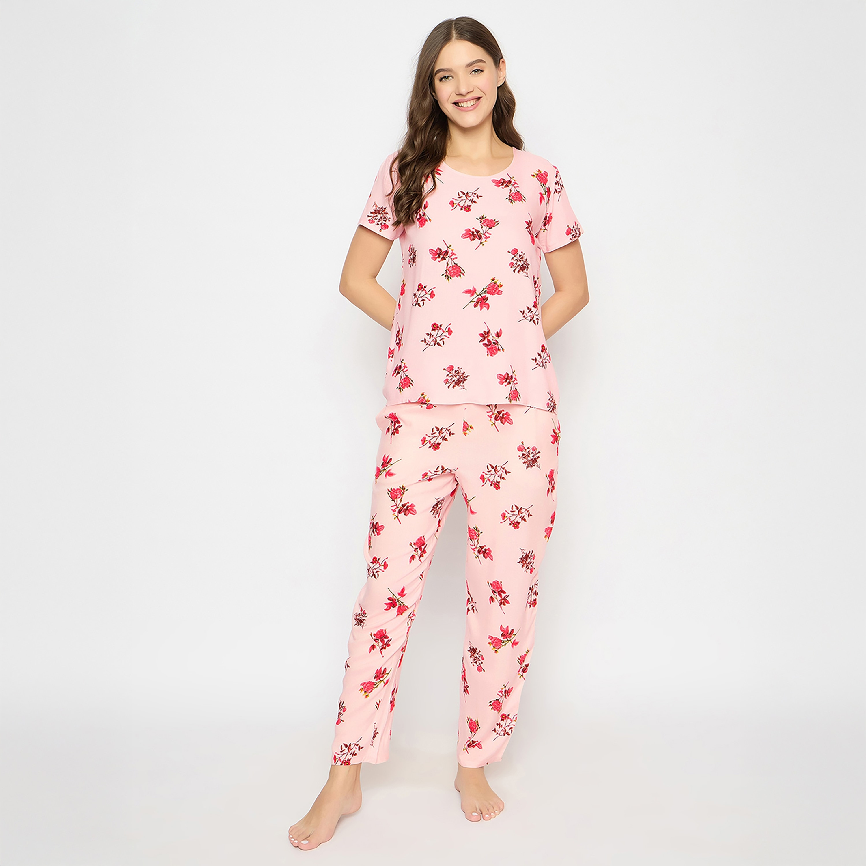 Clovia Floral Printed Women's Top & Pyjama Set in Baby Pink - Rayon-women-clothing-nightwear-pyjamas-longsets-image-1
