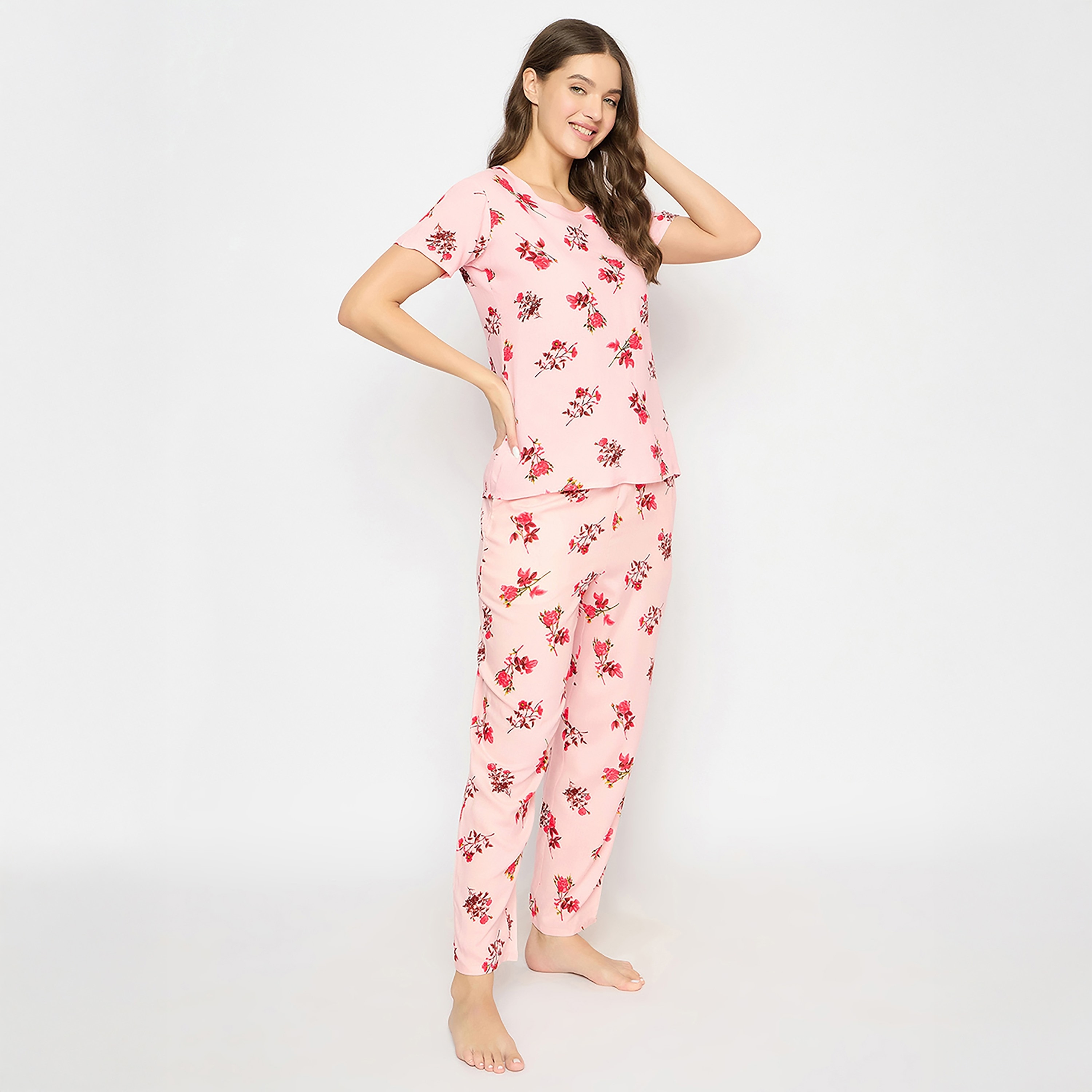 Clovia Floral Printed Women's Top & Pyjama Set in Baby Pink - Rayon-women-clothing-nightwear-pyjamas-longsets-image-2