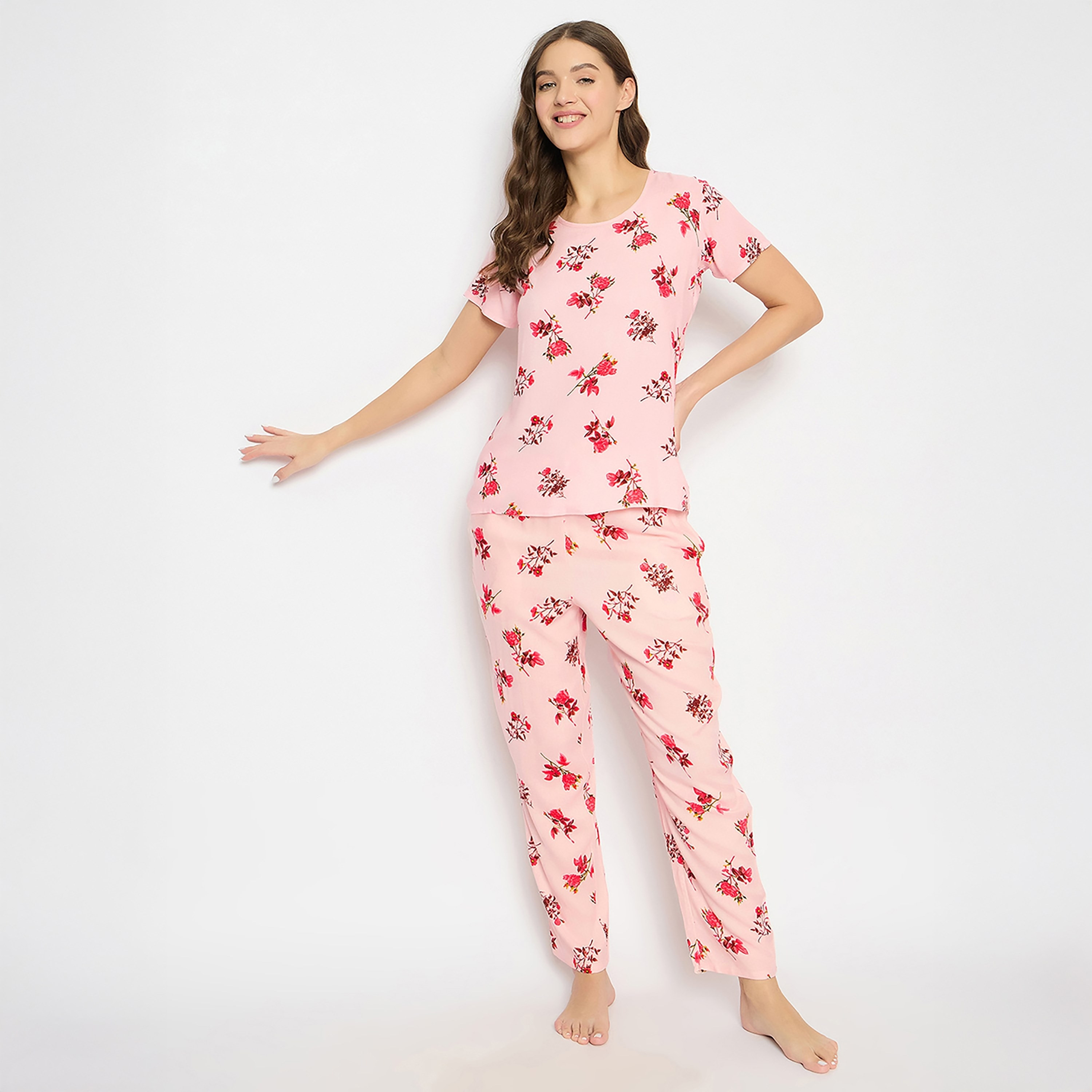 Clovia Floral Printed Women's Top & Pyjama Set in Baby Pink - Rayon-women-clothing-nightwear-pyjamas-longsets-image-3