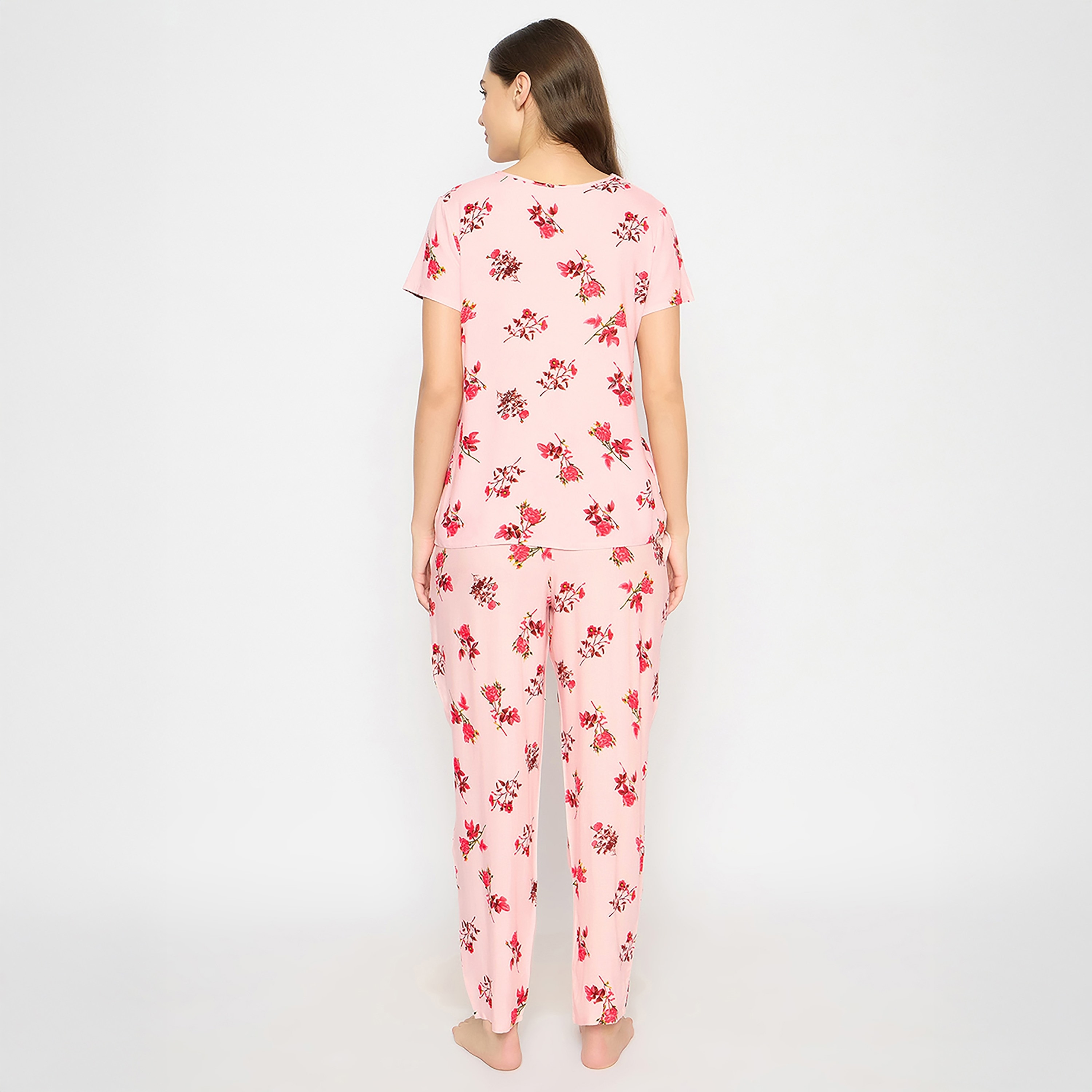 Clovia Floral Printed Women's Top & Pyjama Set in Baby Pink - Rayon-women-clothing-nightwear-pyjamas-longsets-image-4