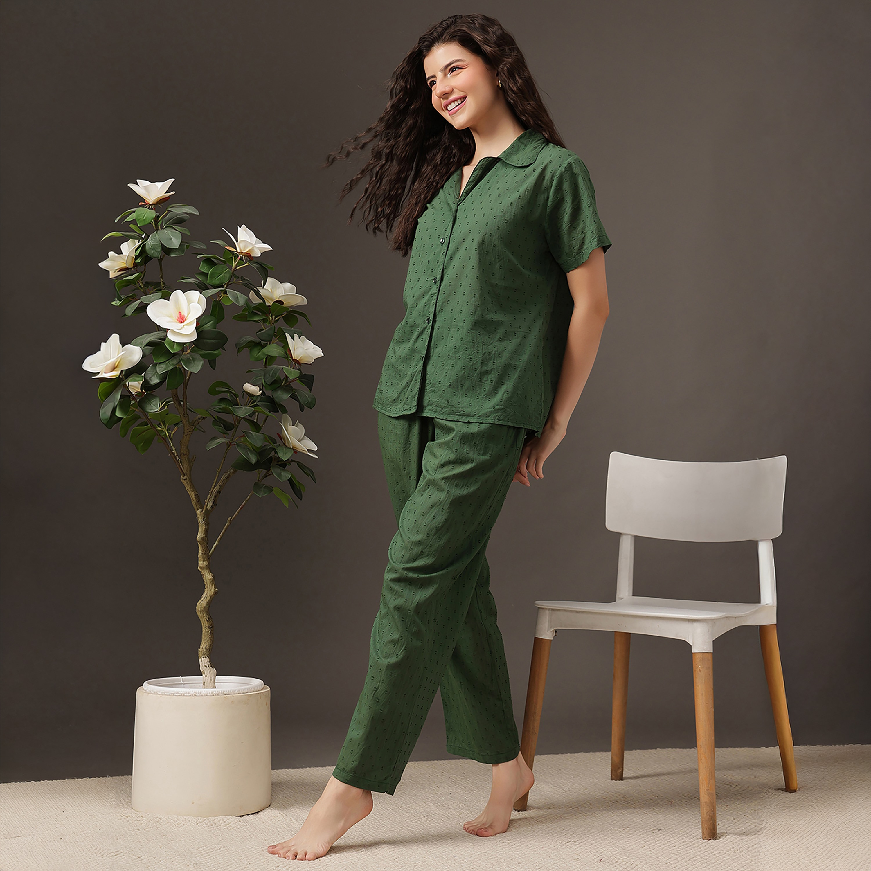 Clovia Dobby Weave Button Down Women's Shirt & Pyjama Set - Cotton-women-clothing-nightwear-pyjamas-longsets-image-2
