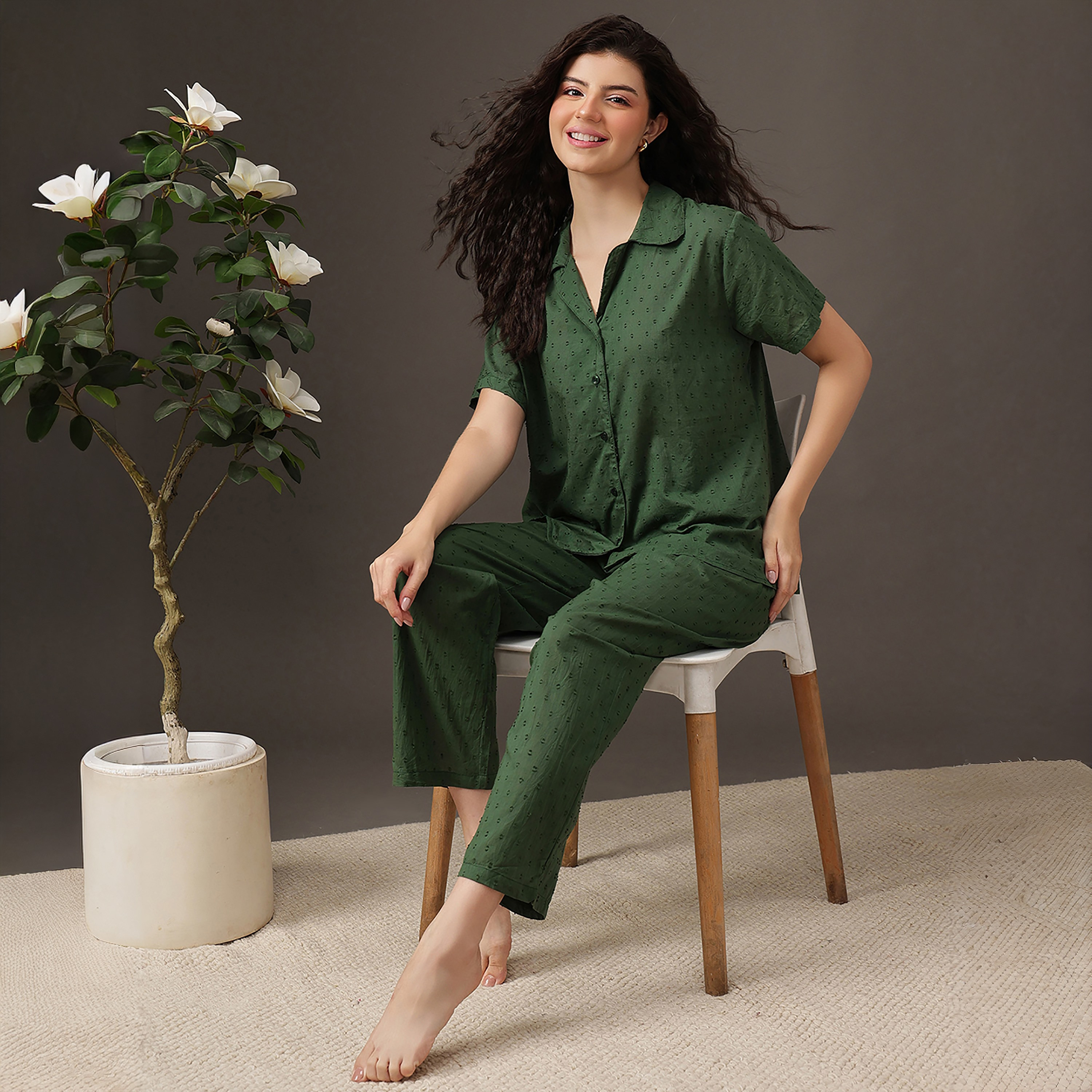 Clovia Dobby Weave Button Down Women's Shirt & Pyjama Set - Cotton-women-clothing-nightwear-pyjamas-longsets-image-5