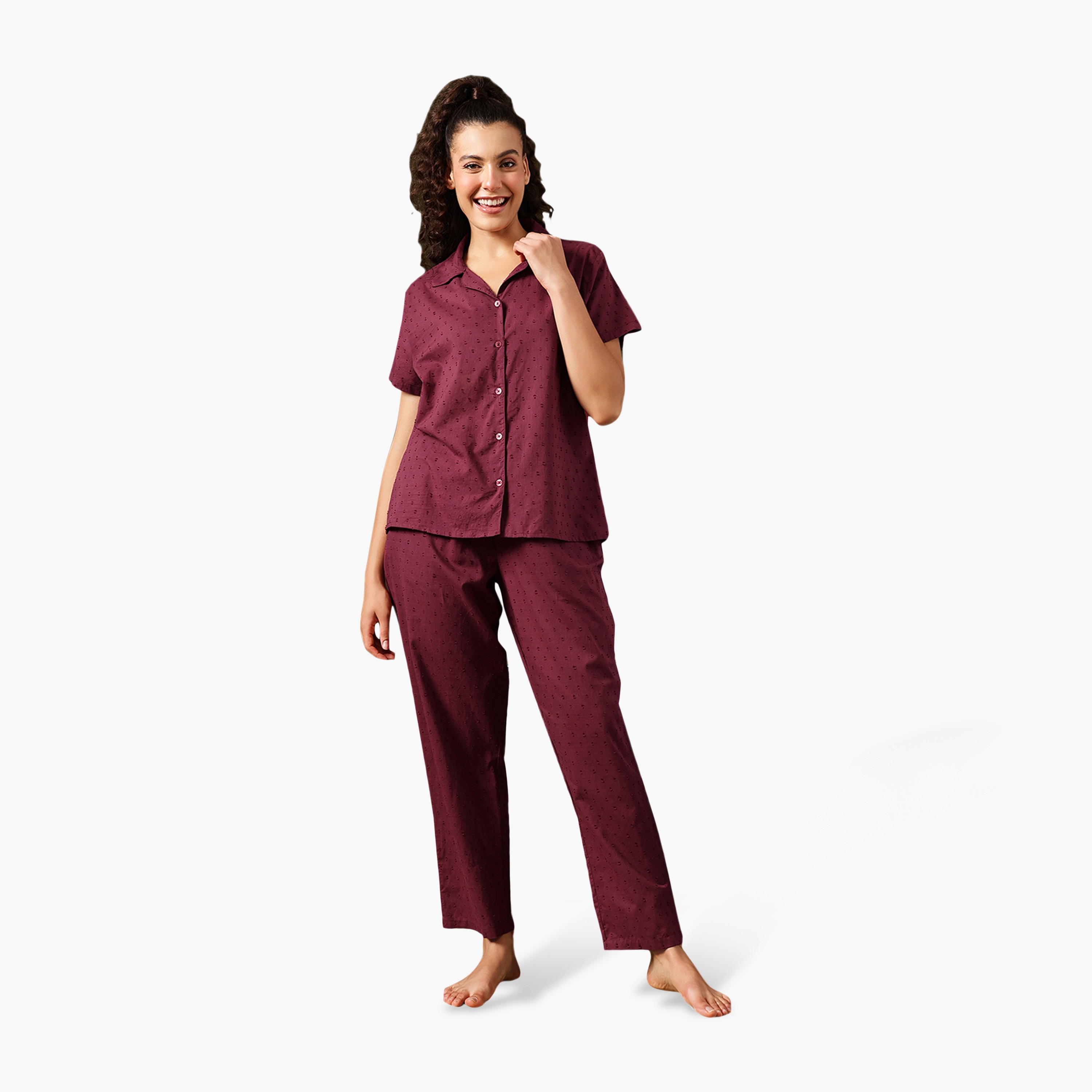 طقم قميص وبنطلون بيجامة نسائي بنسيج "دوبي" وأزرار من كلوفيا - قطن-women-clothing-nightwear-pyjamas-longsets-image-1