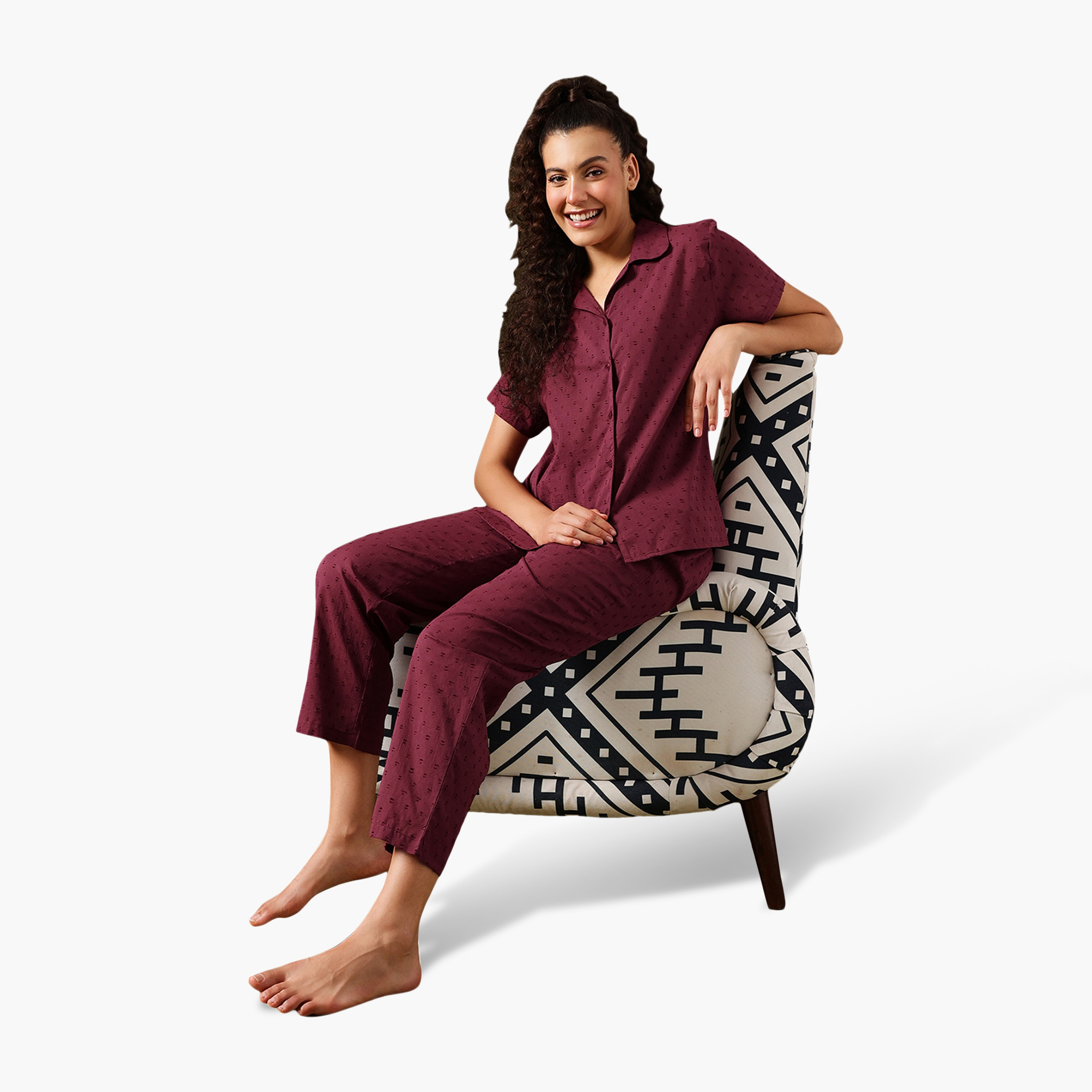 طقم قميص وبنطلون بيجامة نسائي بنسيج "دوبي" وأزرار من كلوفيا - قطن-women-clothing-nightwear-pyjamas-longsets-image-2