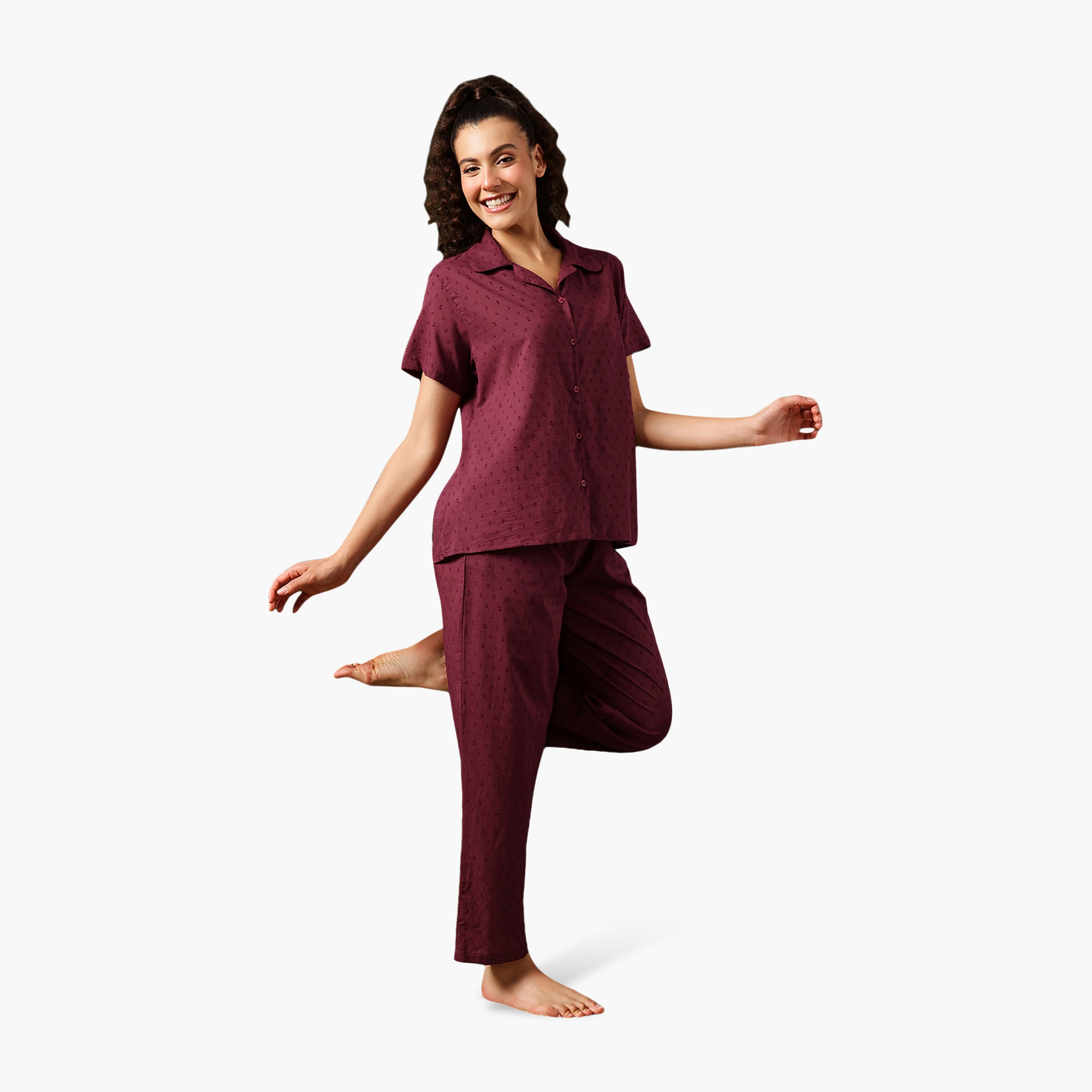 Clovia Dobby Weave Button Down Women's Shirt & Pyjama Set - Cotton-women-clothing-nightwear-pyjamas-longsets-image-3