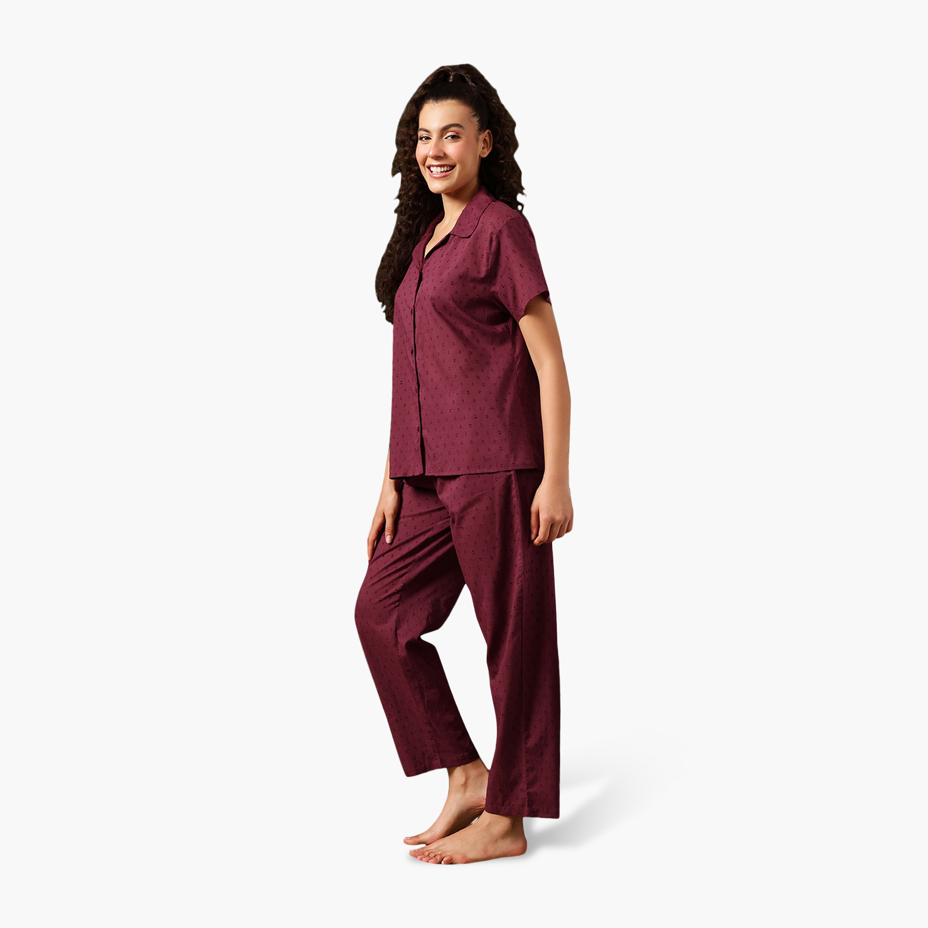 Clovia Dobby Weave Button Down Women's Shirt & Pyjama Set - Cotton-women-clothing-nightwear-pyjamas-longsets-image-5