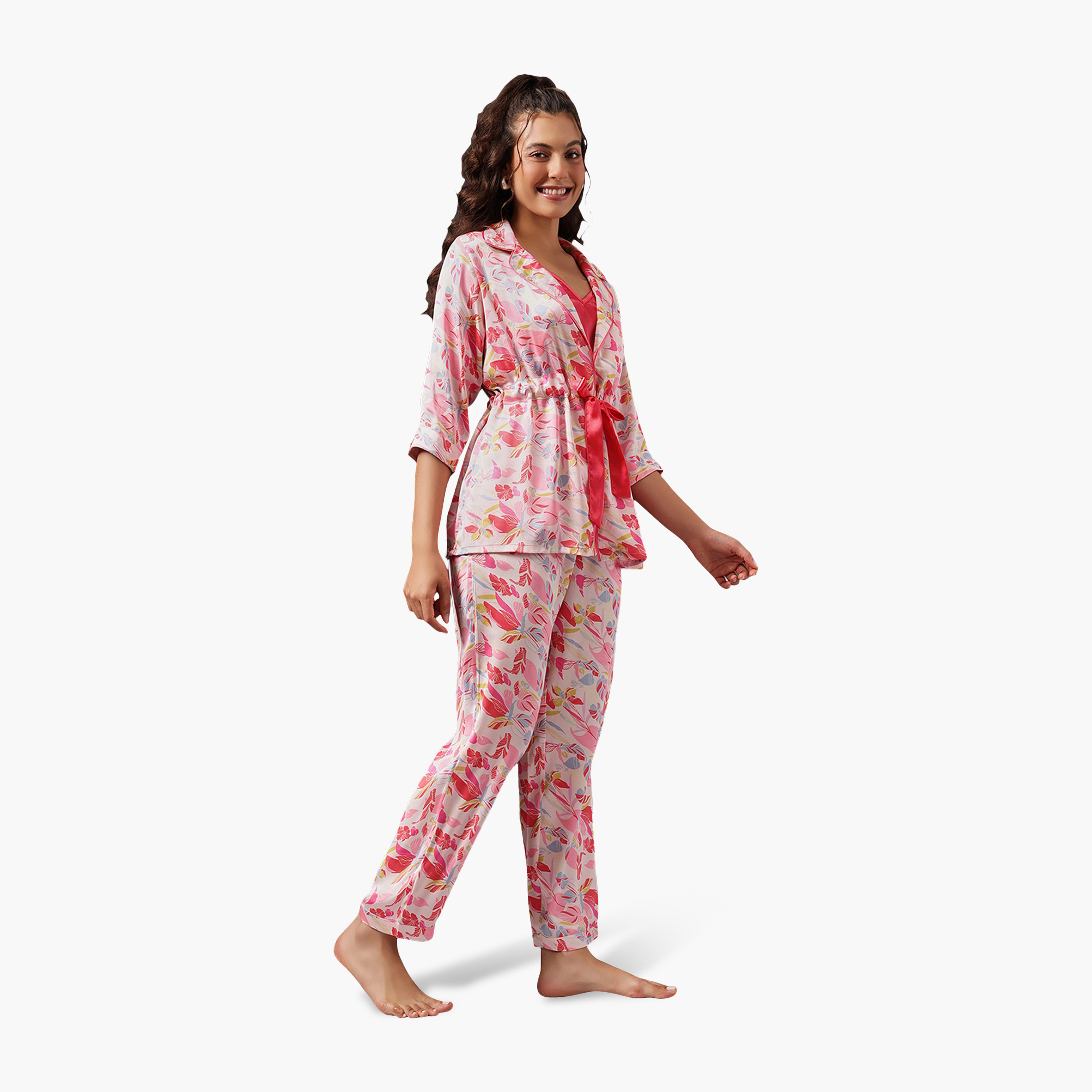 Clovia 3 Pc Set in Multicolour - Women's Cami Top, Pyjama & Robe - Satin-women-clothing-nightwear-pyjamas-longsets-image-1