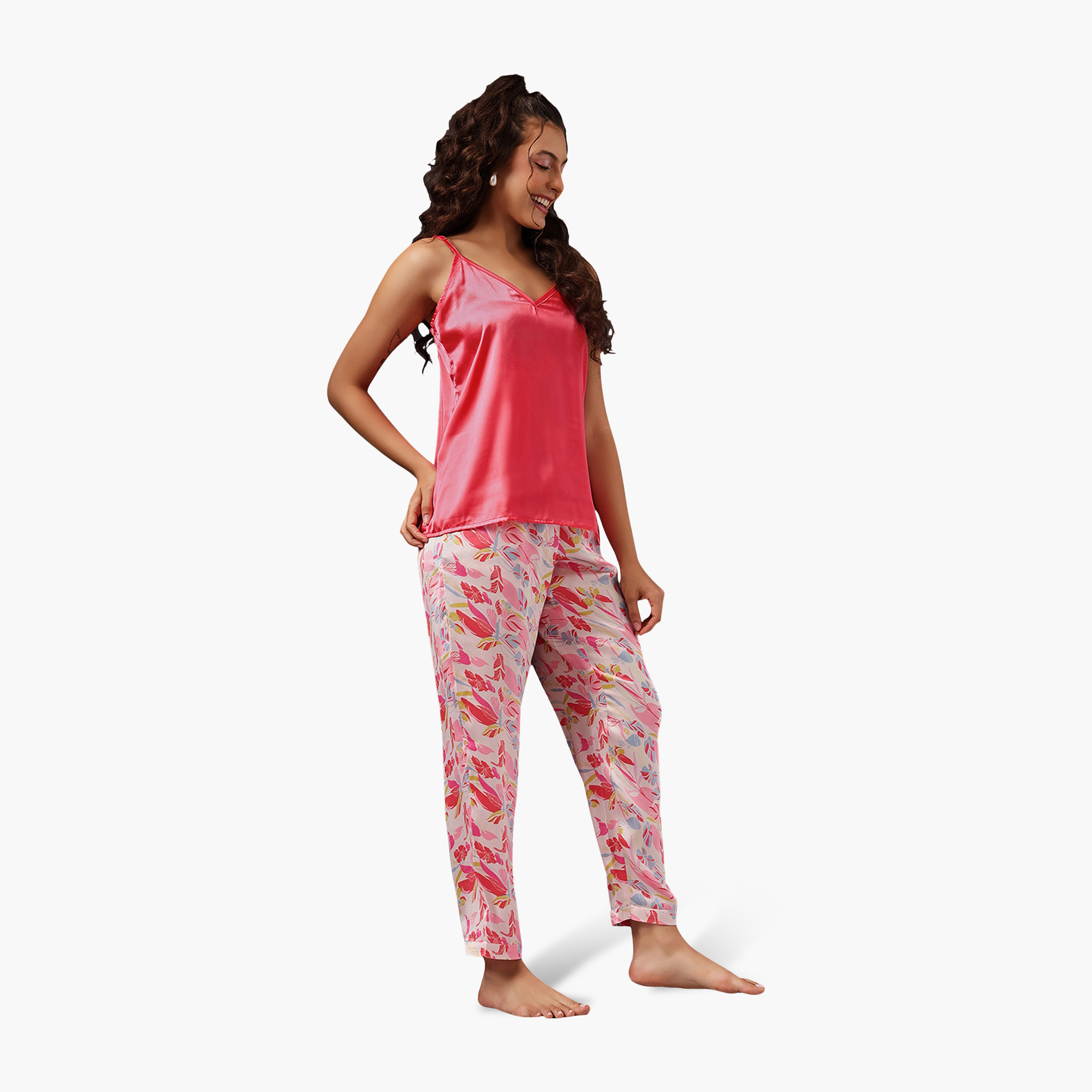 Clovia 3 Pc Set in Multicolour - Women's Cami Top, Pyjama & Robe - Satin-women-clothing-nightwear-pyjamas-longsets-image-2