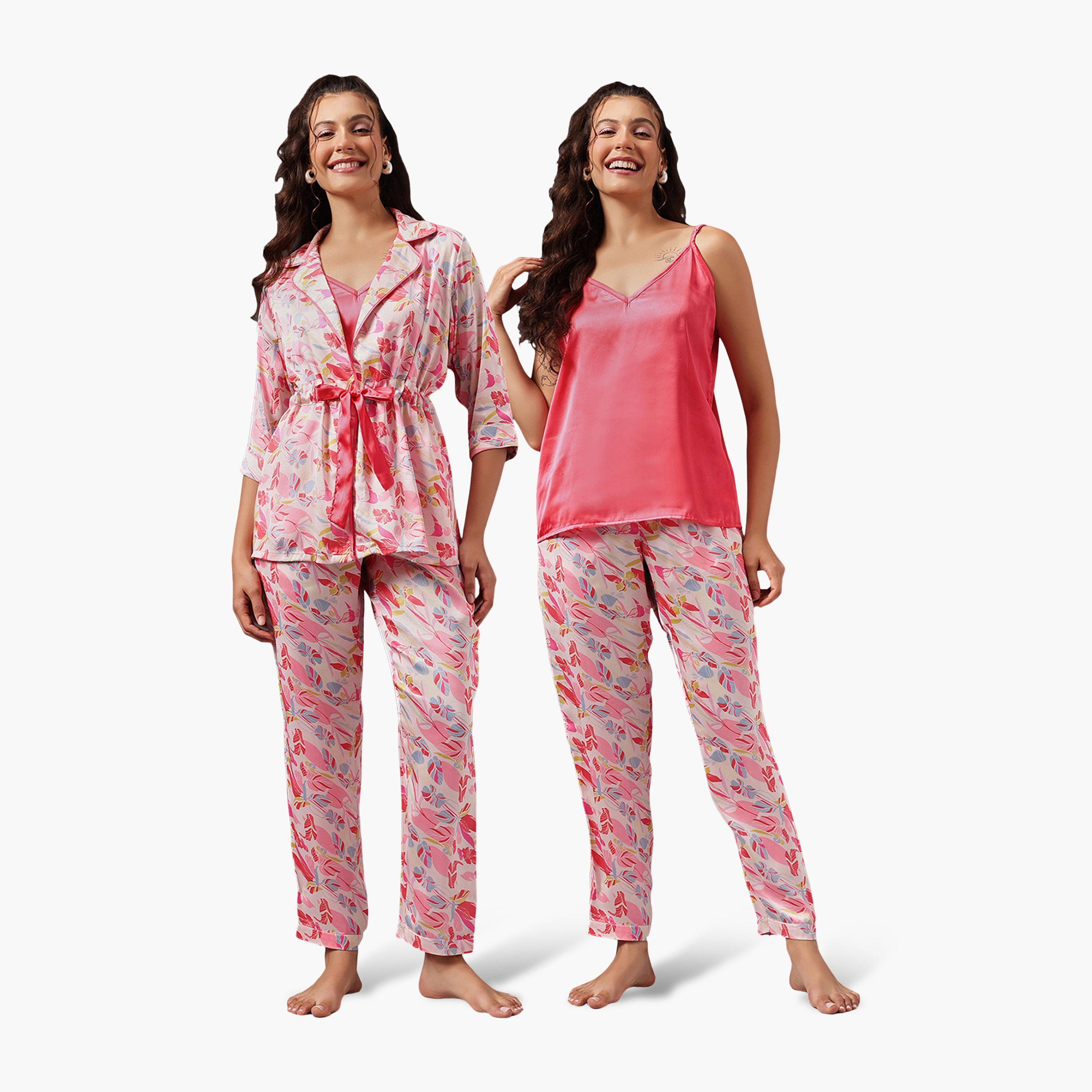 Clovia 3 Pc Set in Multicolour - Women's Cami Top, Pyjama & Robe - Satin-women-clothing-nightwear-pyjamas-longsets-image-3