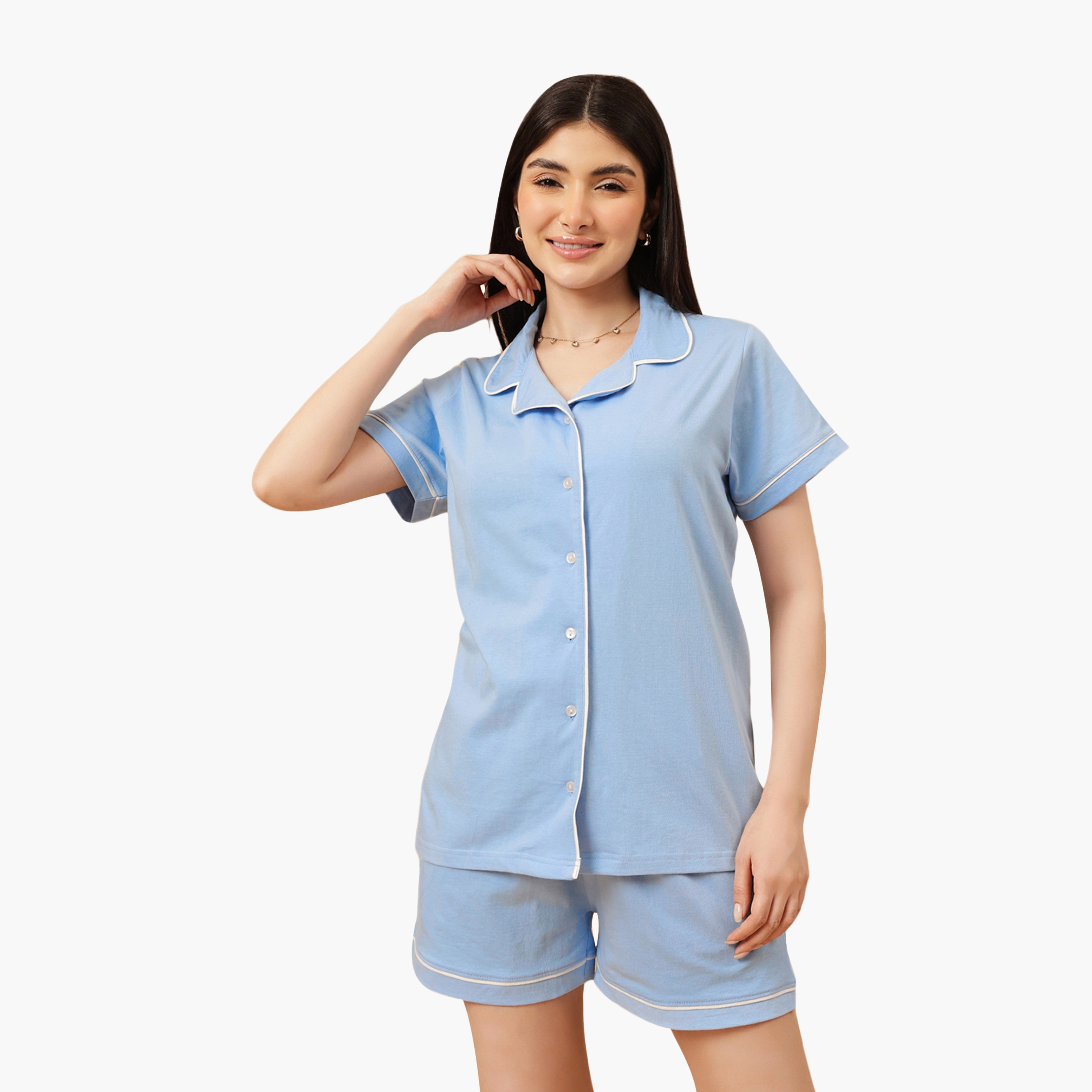 طقم قميص وشورت نسائي بأزرار بلون أزرق فاتح من كلوفيا - قطن 100%-women-clothing-nightwear-pyjamas-shortsets-image-7