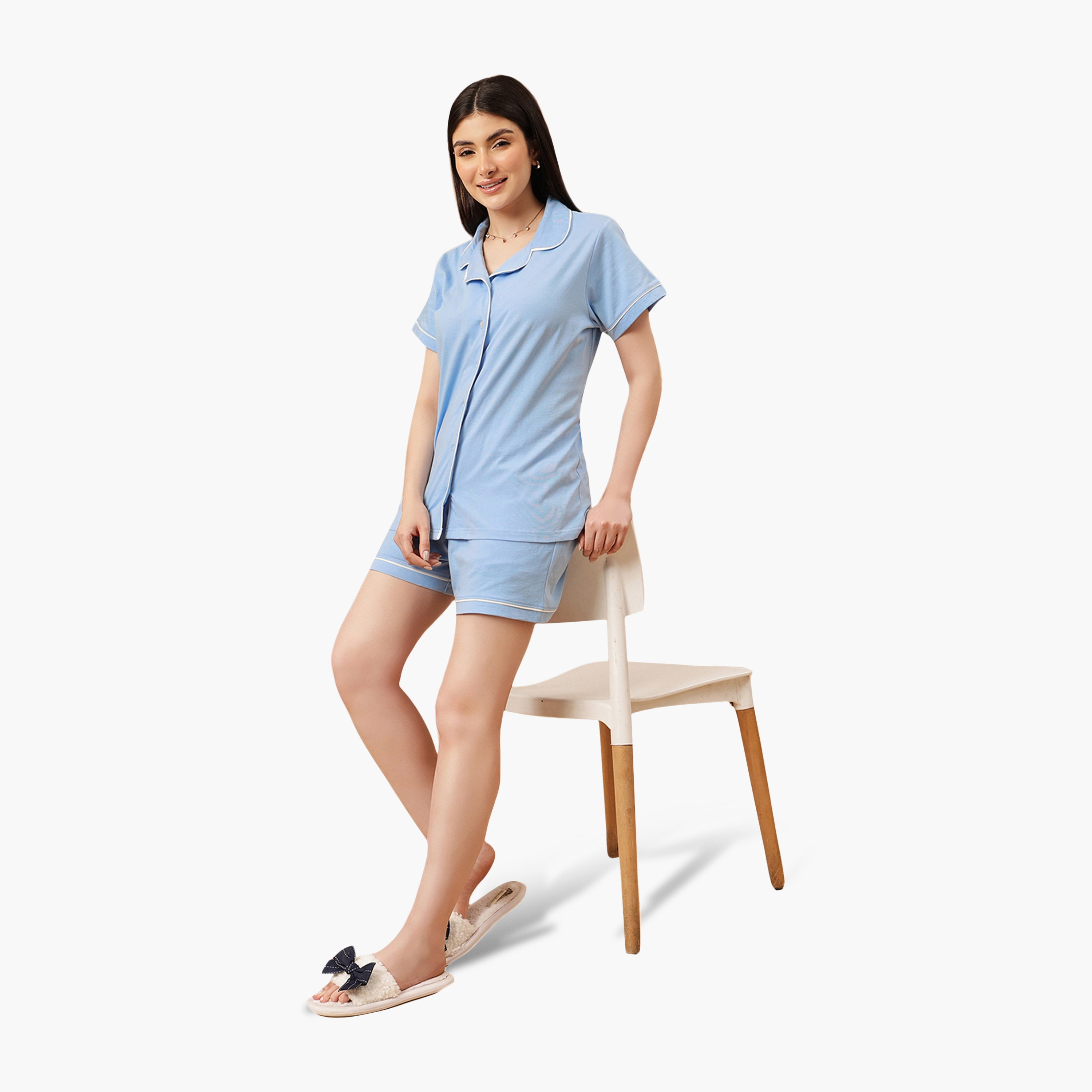 طقم قميص وشورت نسائي بأزرار بلون أزرق فاتح من كلوفيا - قطن 100%-women-clothing-nightwear-pyjamas-shortsets-image-6