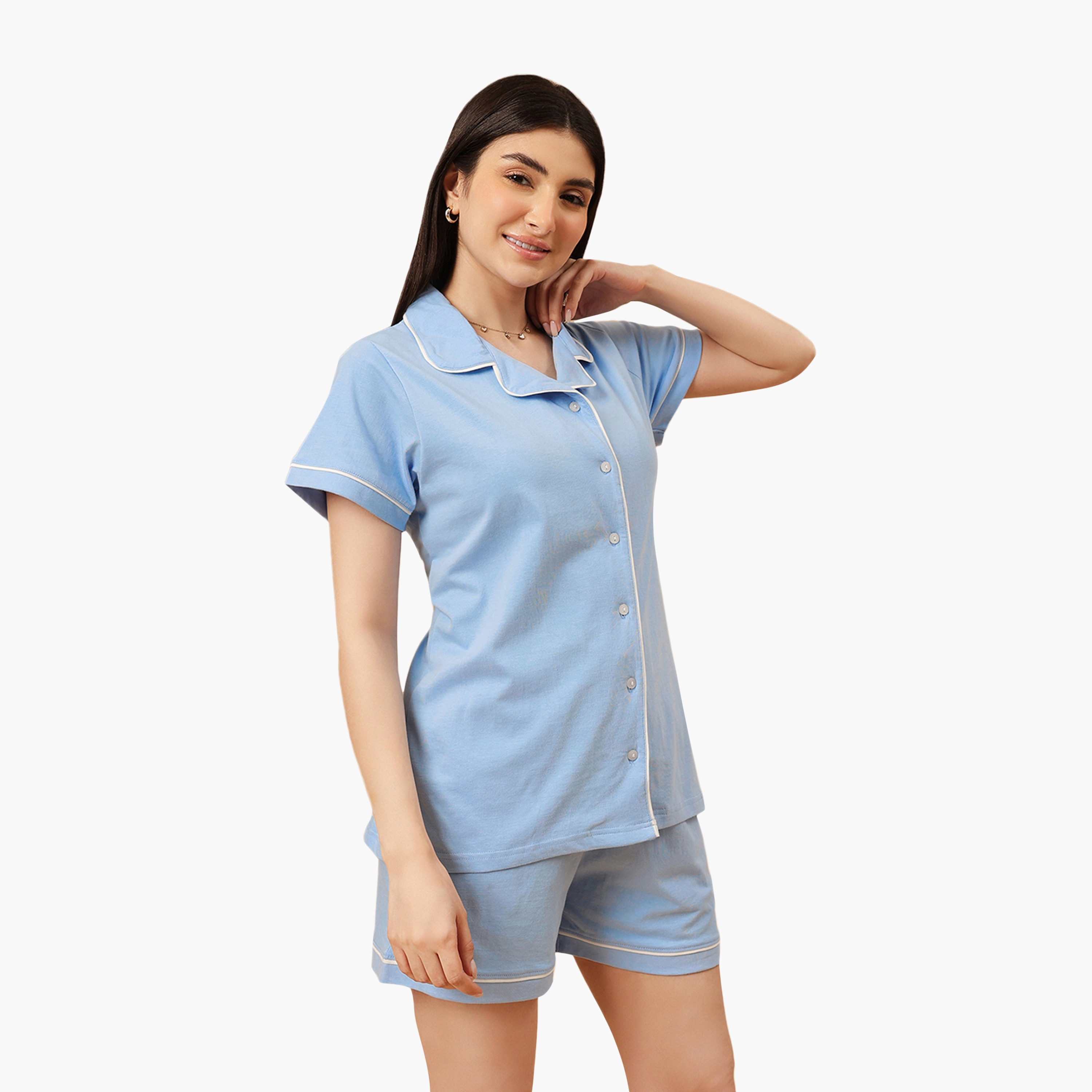 طقم قميص وشورت نسائي بأزرار بلون أزرق فاتح من كلوفيا - قطن 100%-women-clothing-nightwear-pyjamas-shortsets-image-5