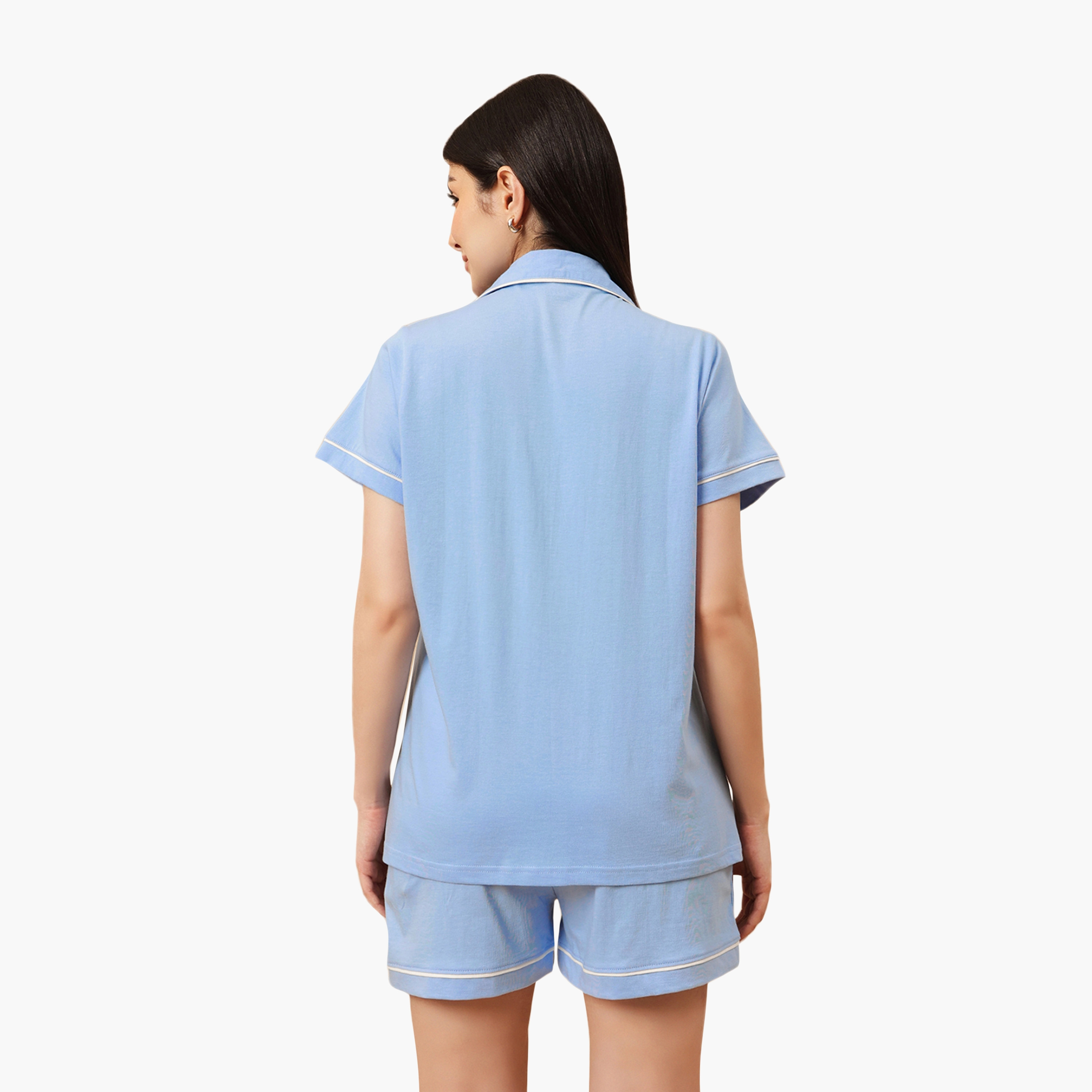 طقم قميص وشورت نسائي بأزرار بلون أزرق فاتح من كلوفيا - قطن 100%-women-clothing-nightwear-pyjamas-shortsets-image-4