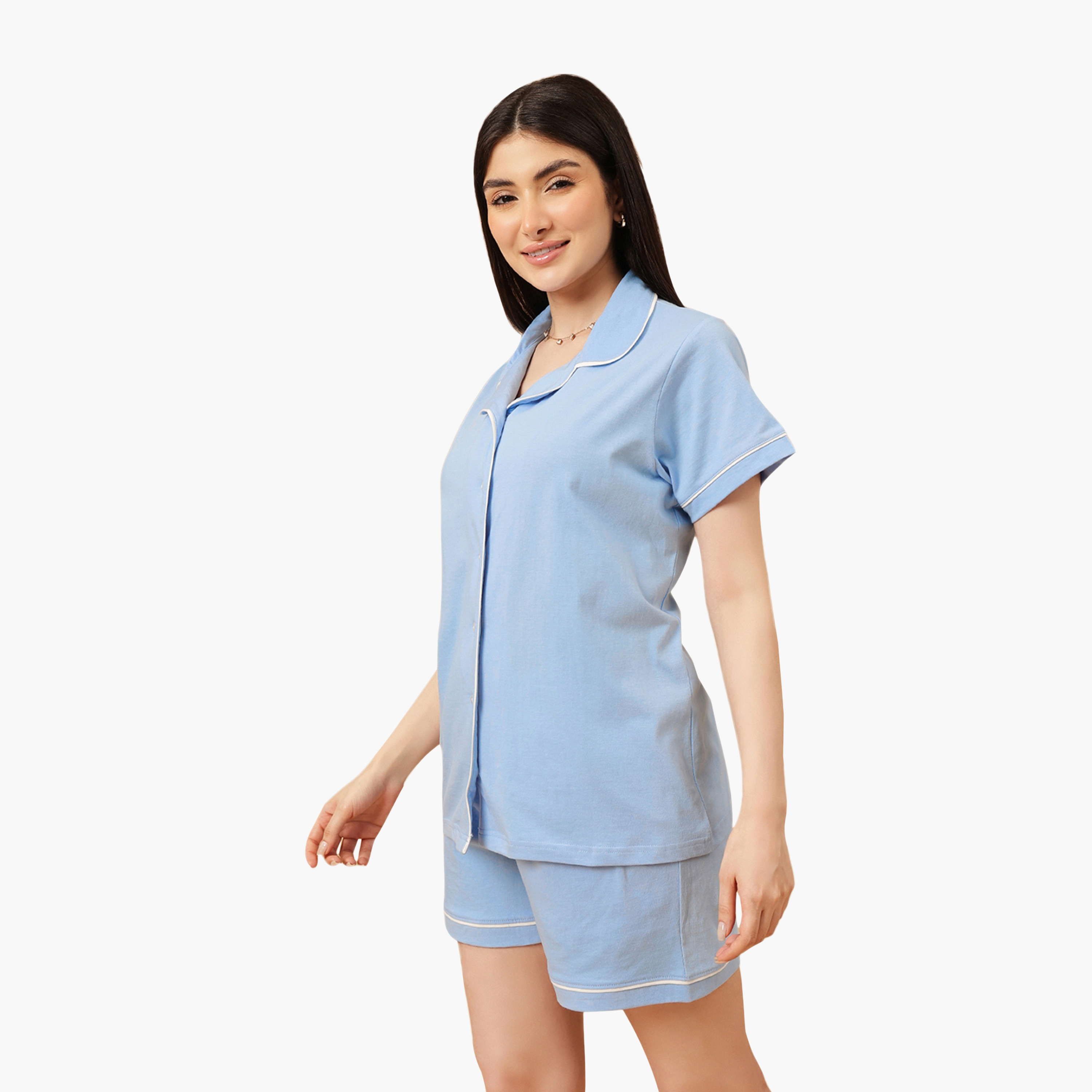 طقم قميص وشورت نسائي بأزرار بلون أزرق فاتح من كلوفيا - قطن 100%-women-clothing-nightwear-pyjamas-shortsets-image-3