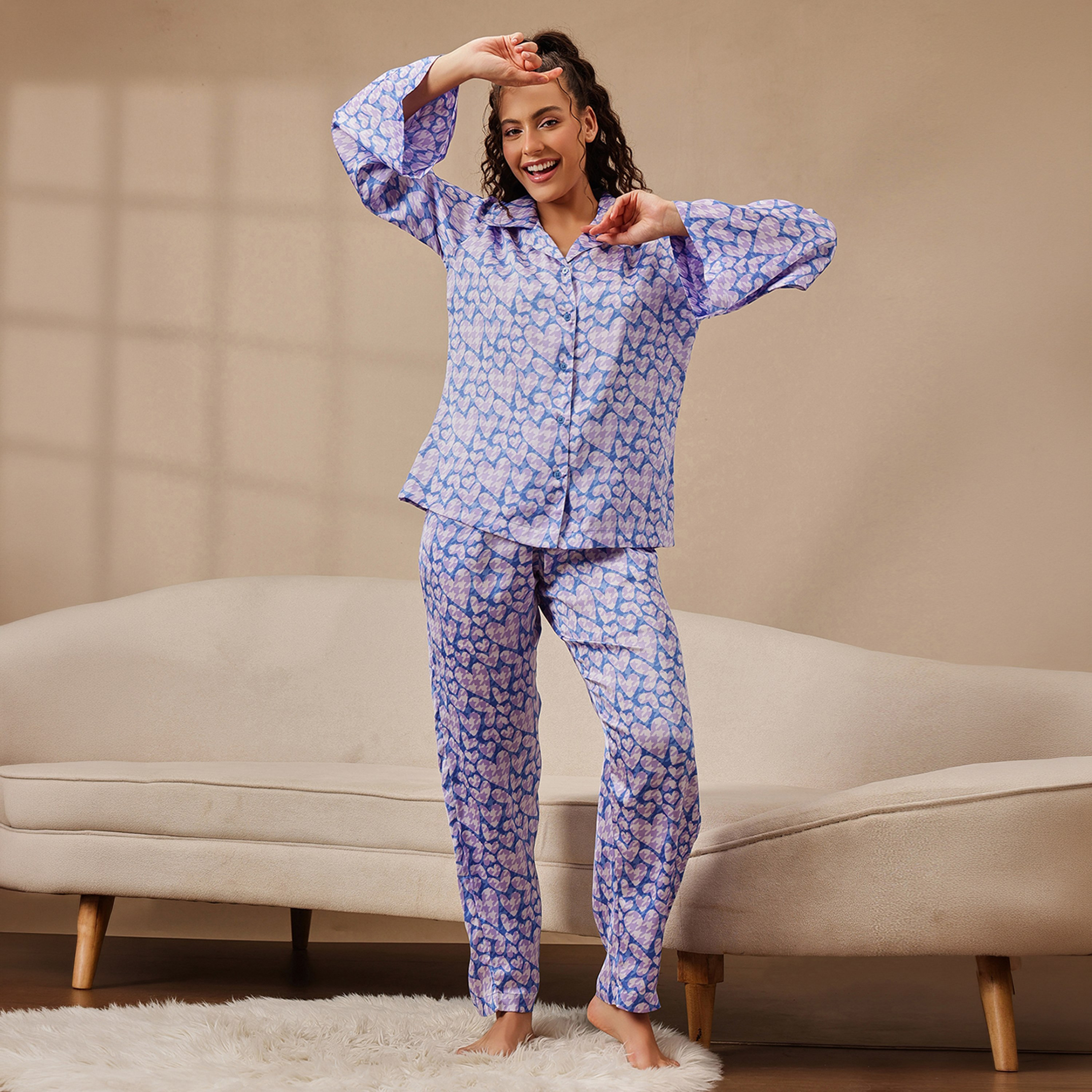 Clovia Heart Print Button-Down Women's Shirt & Pyjama Set in Purple - Satin-women-clothing-nightwear-pyjamas-longsets-image-1