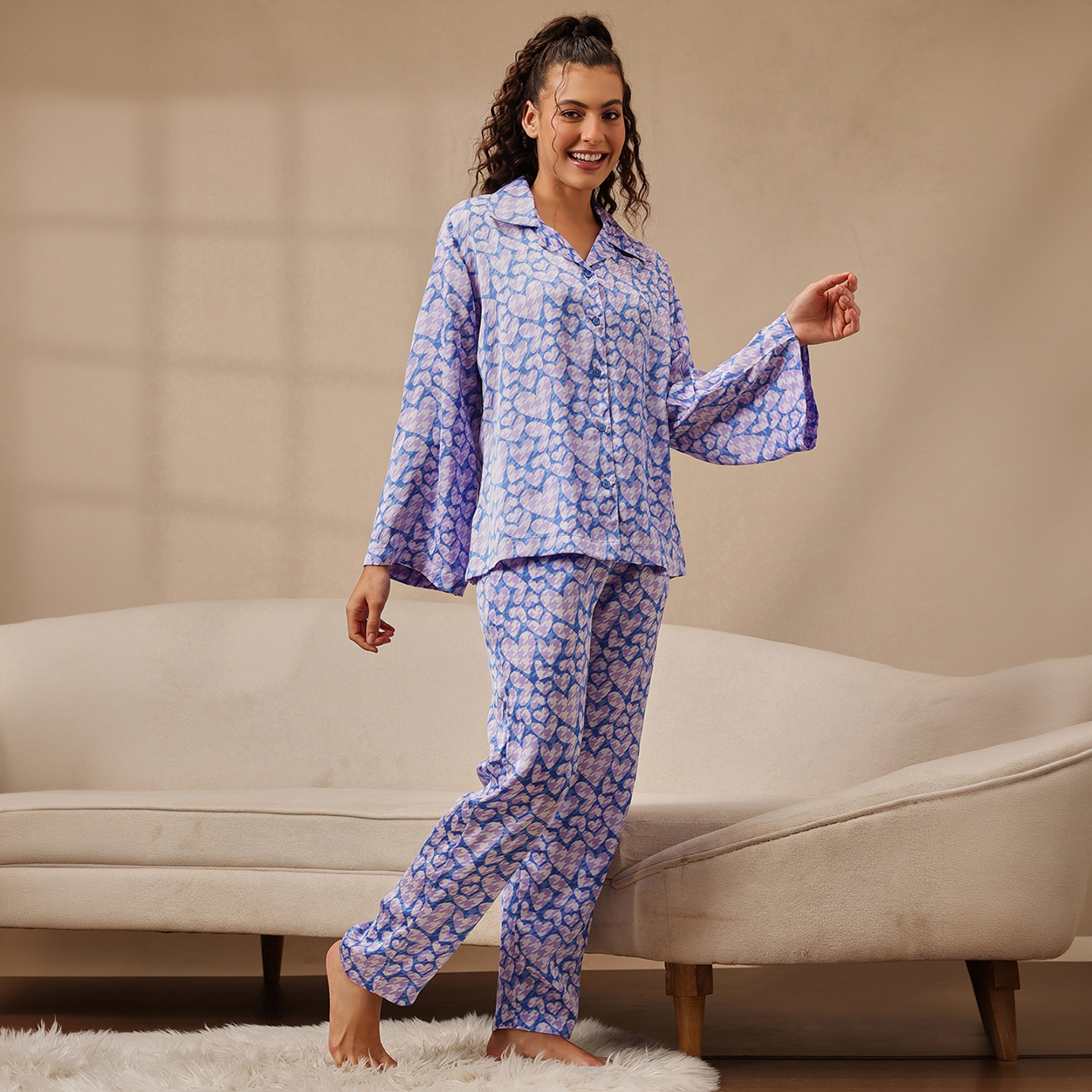 Clovia Heart Print Button-Down Women's Shirt & Pyjama Set in Purple - Satin-women-clothing-nightwear-pyjamas-longsets-image-3