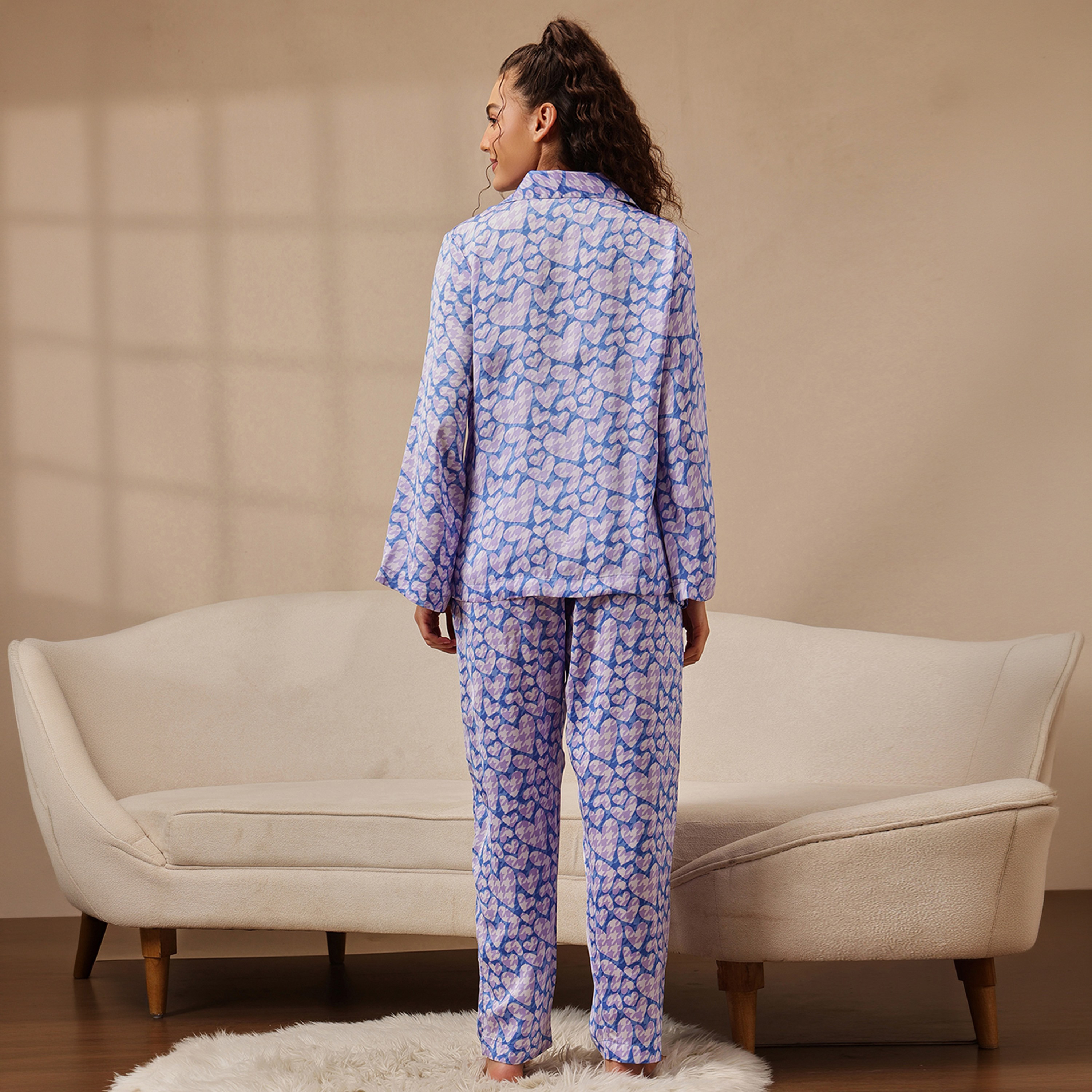 Clovia Heart Print Button-Down Women's Shirt & Pyjama Set in Purple - Satin-women-clothing-nightwear-pyjamas-longsets-image-4