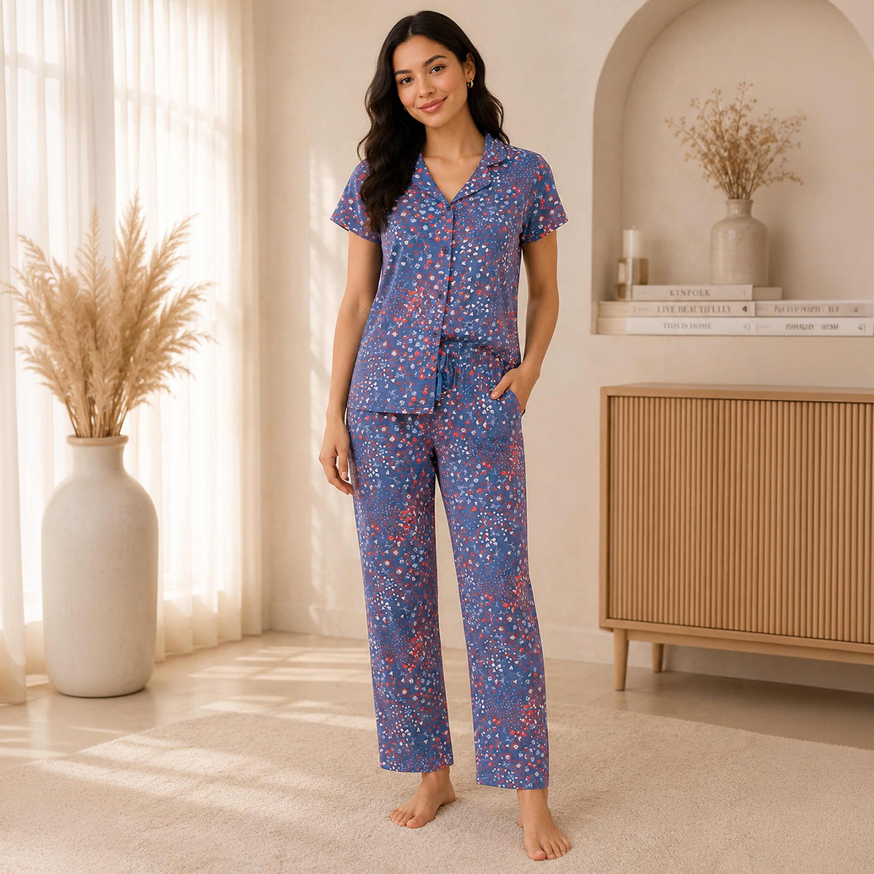طقم بيجامة وقميص بطبعة أزهار بأزرار من القطن 100% باللون الكحلي للنساء من كلوفيا-women-clothing-nightwear-pyjamas-longsets-image-1