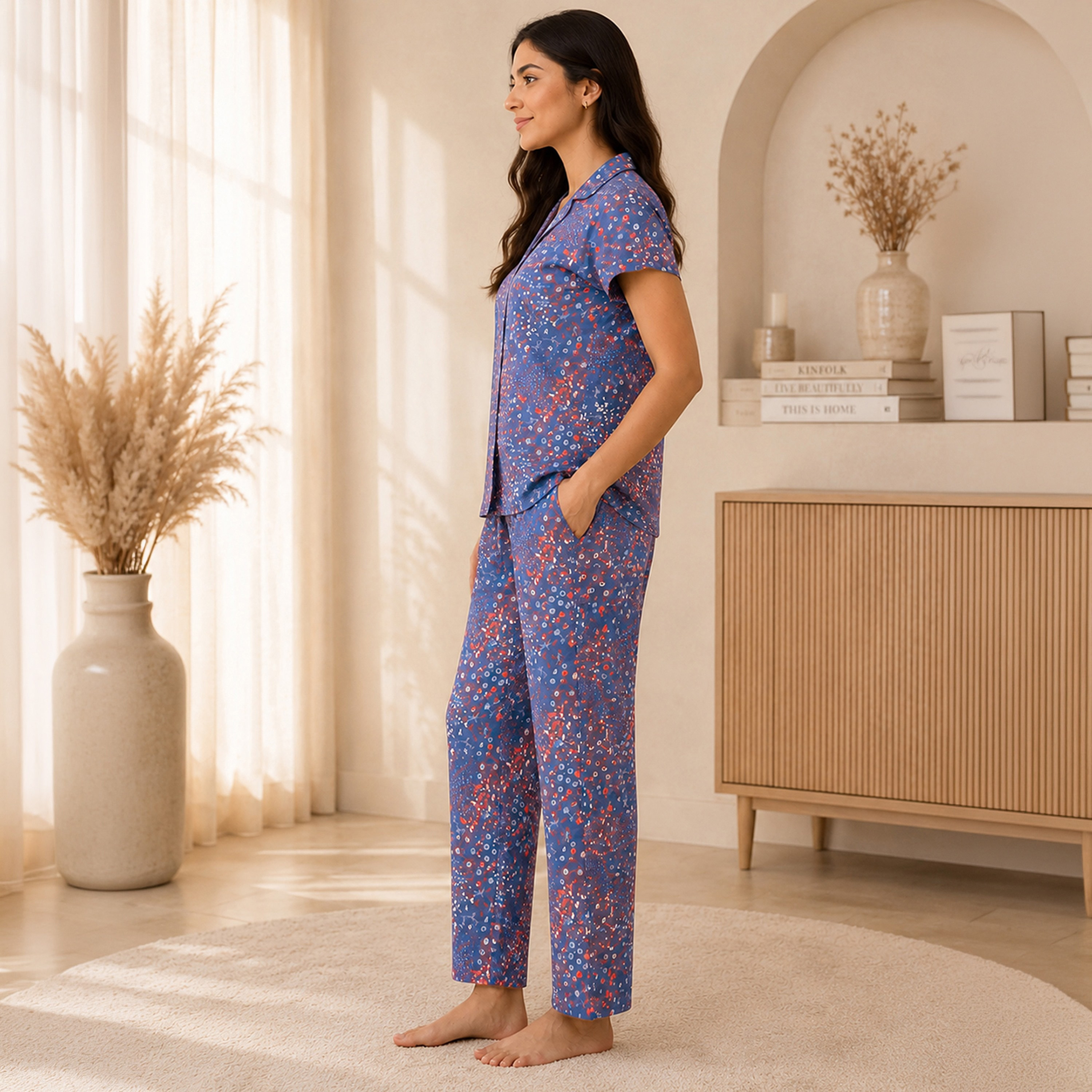 Clovia Floral Print Button Down Women's Shirt & Pyjama Set in Navy Colour - 100% Cotton-women-clothing-nightwear-pyjamas-longsets-image-2