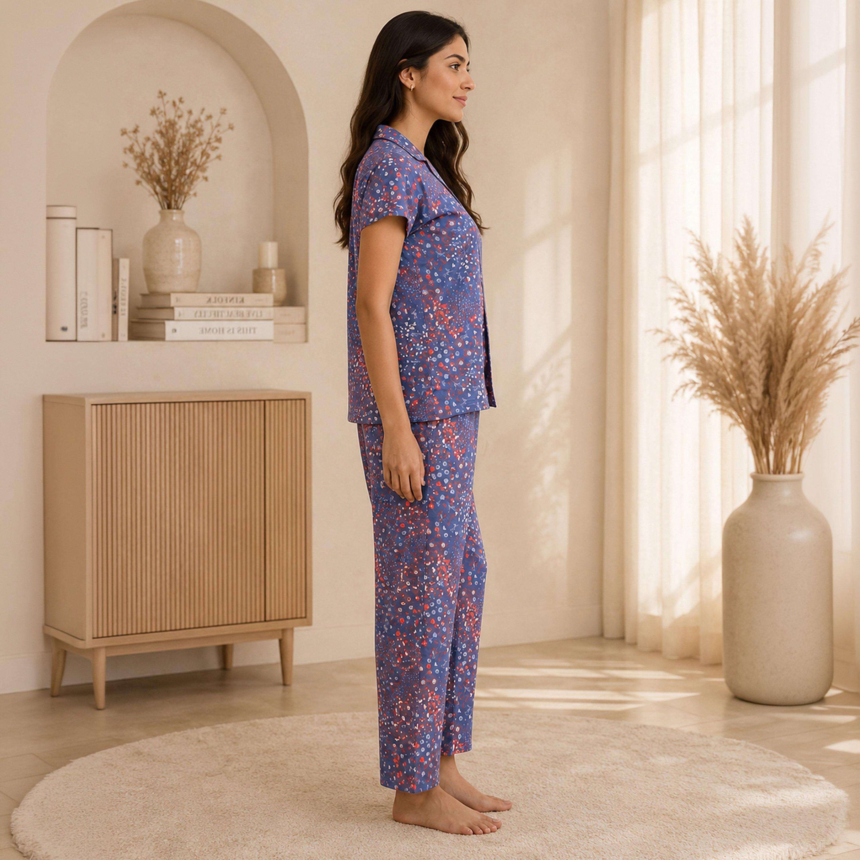 طقم بيجامة وقميص بطبعة أزهار بأزرار من القطن 100% باللون الكحلي للنساء من كلوفيا-women-clothing-nightwear-pyjamas-longsets-image-3