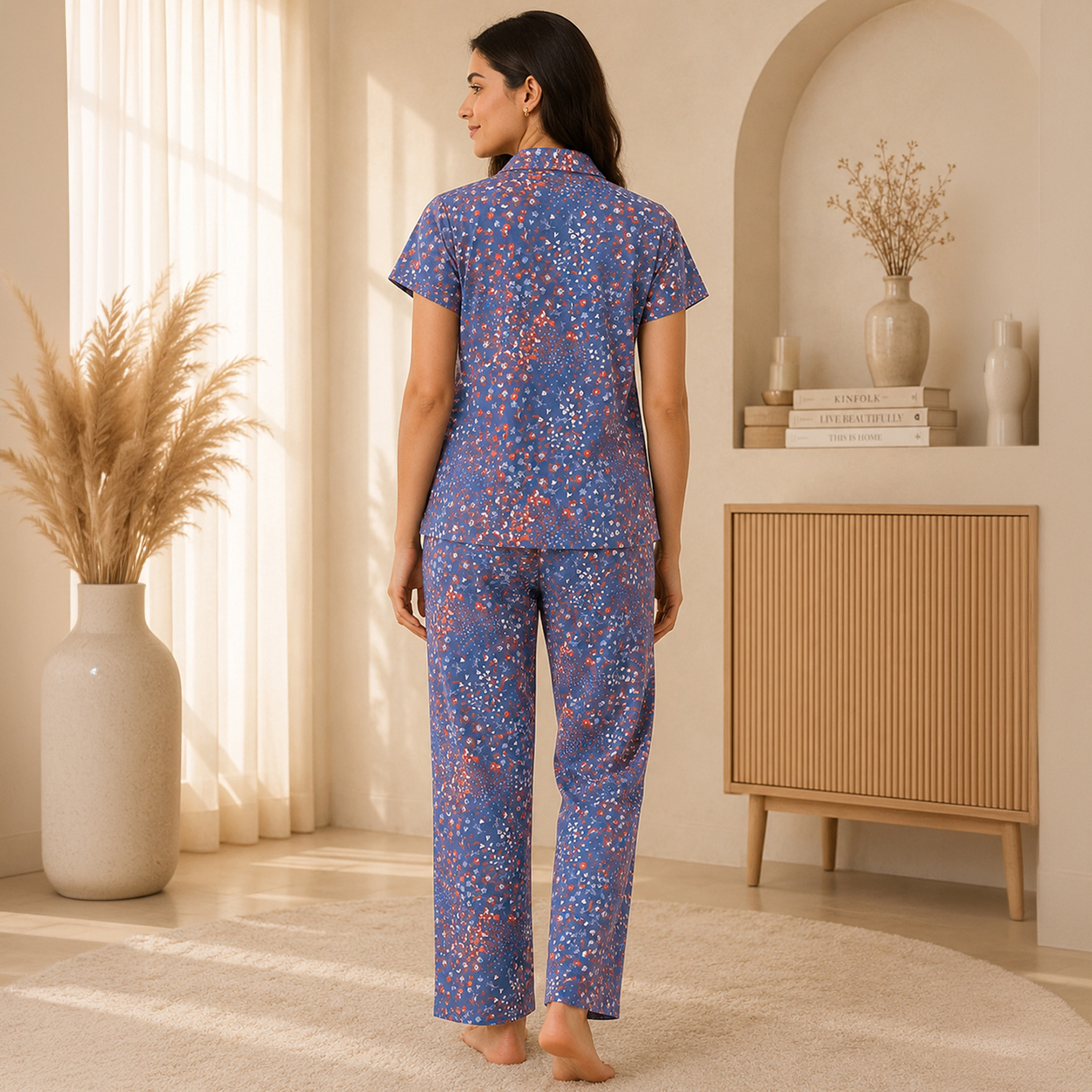 طقم بيجامة وقميص بطبعة أزهار بأزرار من القطن 100% باللون الكحلي للنساء من كلوفيا-women-clothing-nightwear-pyjamas-longsets-image-4