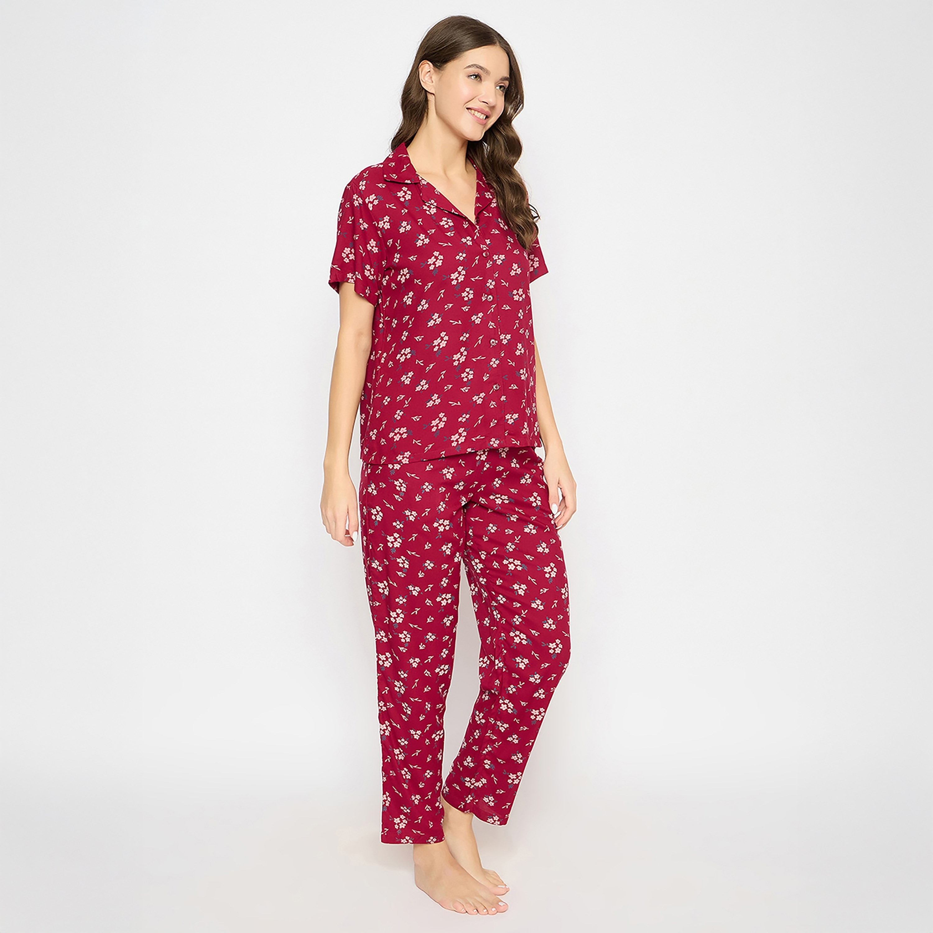 طقم قميص وبيجامة نسائي بطبعة زهور بأزرار باللون العنابي من كلوفيا - رايون-women-clothing-nightwear-pyjamas-longsets-image-2