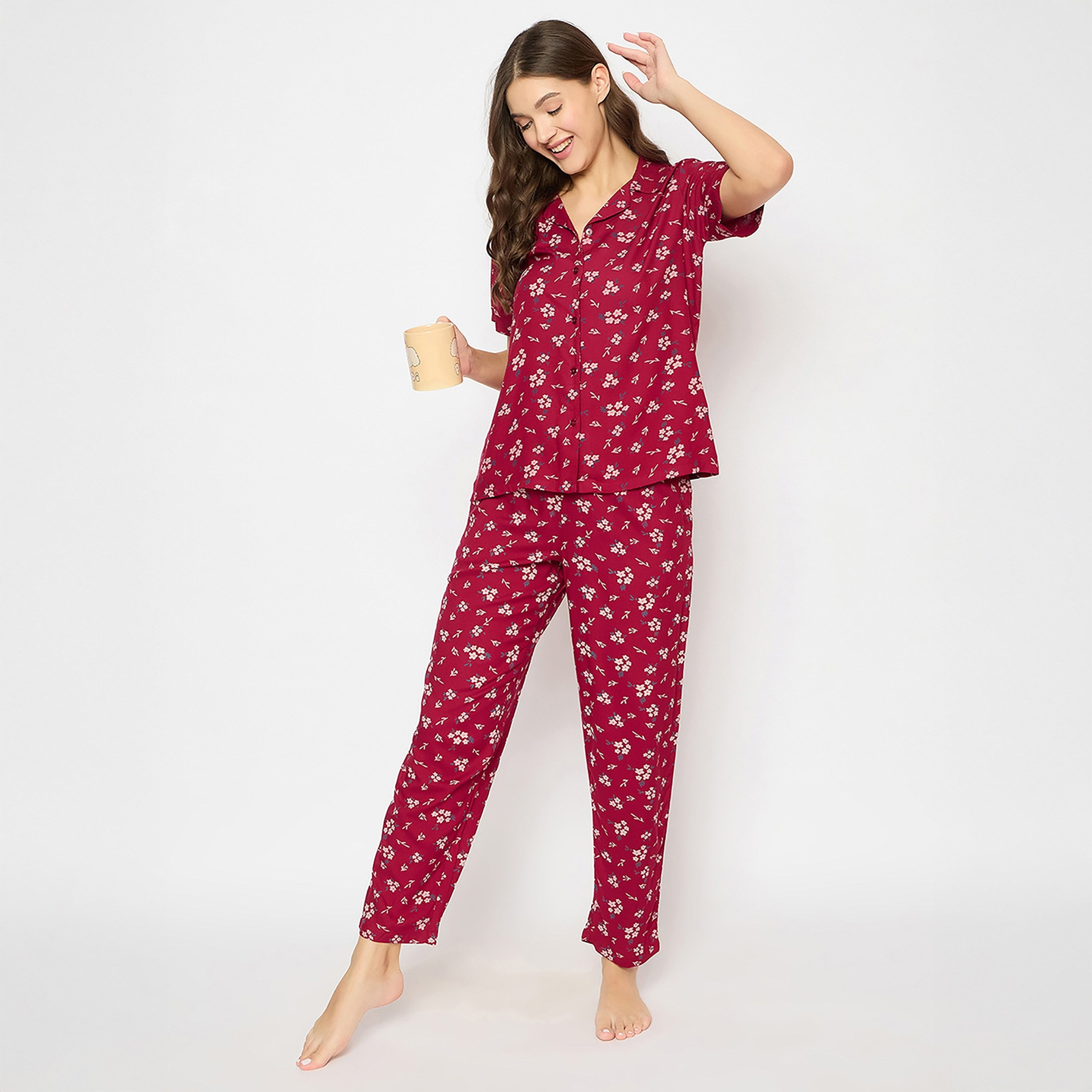 طقم قميص وبيجامة نسائي بطبعة زهور بأزرار باللون العنابي من كلوفيا - رايون-women-clothing-nightwear-pyjamas-longsets-image-3