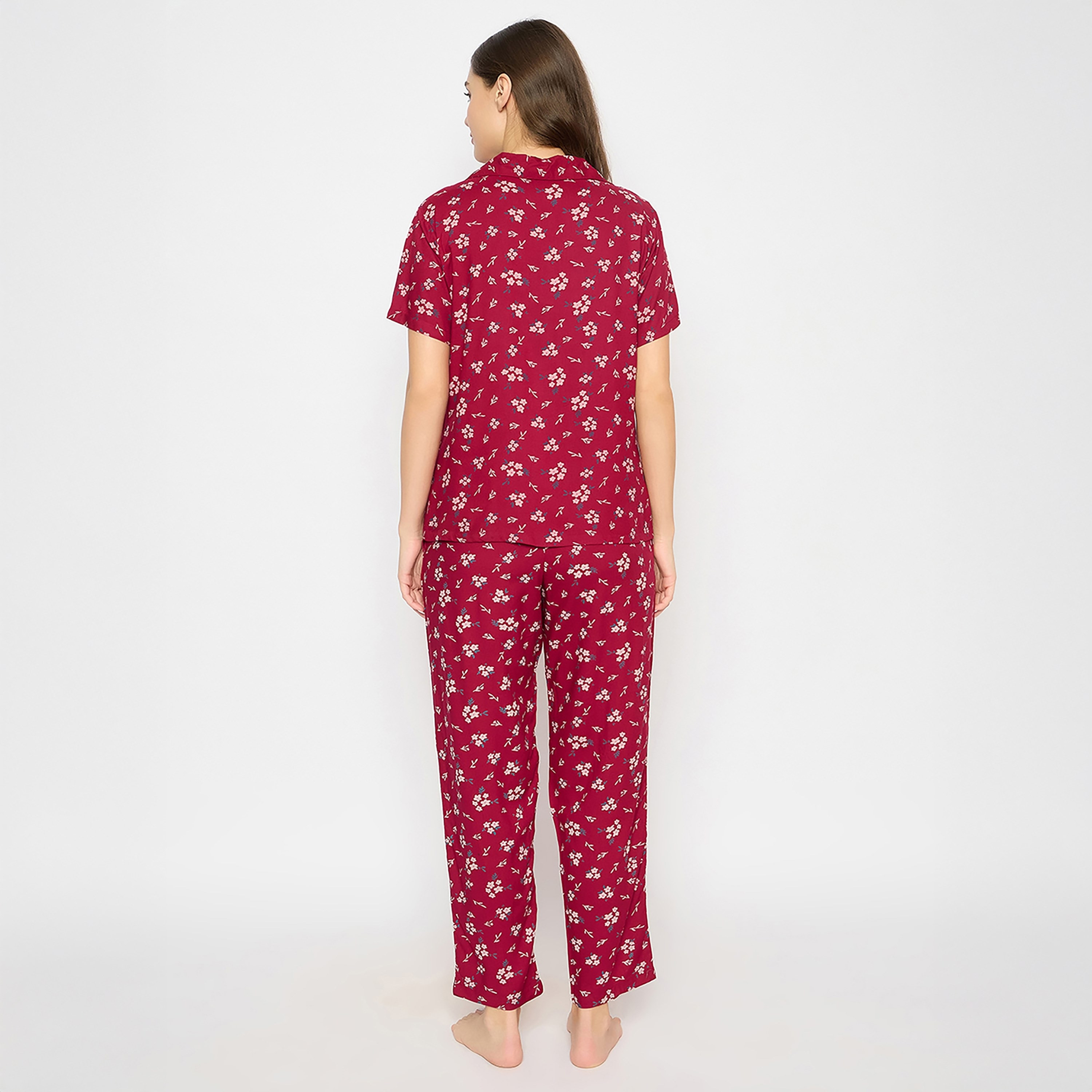 طقم قميص وبيجامة نسائي بطبعة زهور بأزرار باللون العنابي من كلوفيا - رايون-women-clothing-nightwear-pyjamas-longsets-image-4