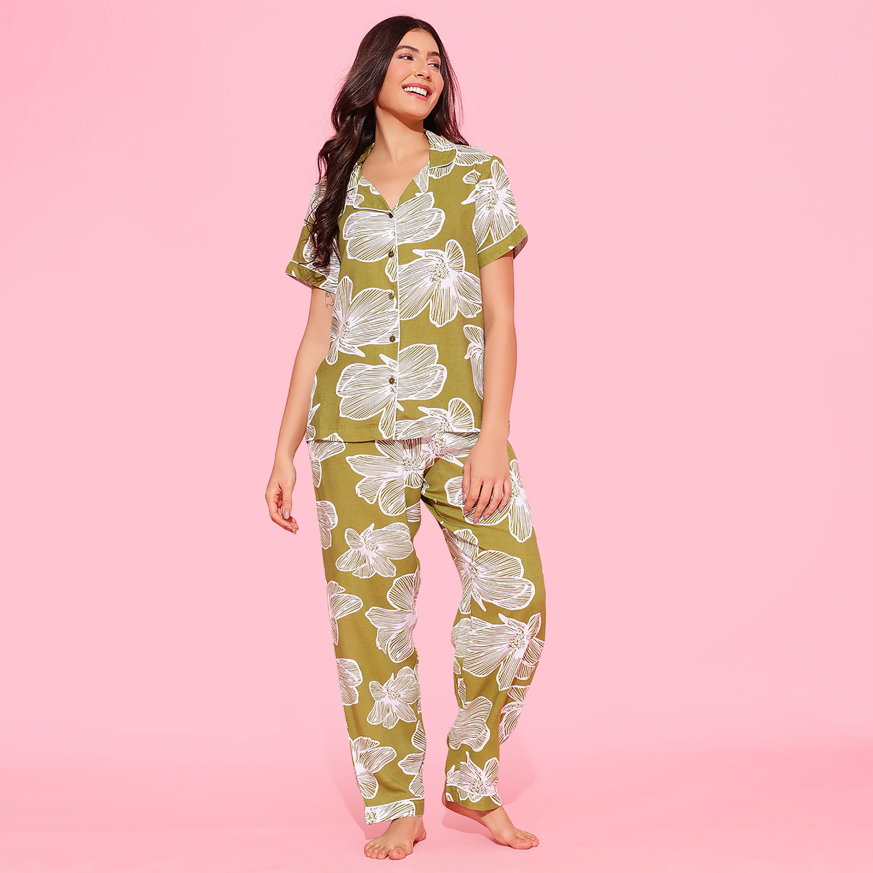 Clovia Floral Print Button-Down Women's Shirt & Pyjama Set in Light Green - Rayon-women-clothing-nightwear-pyjamas-longsets-image-1
