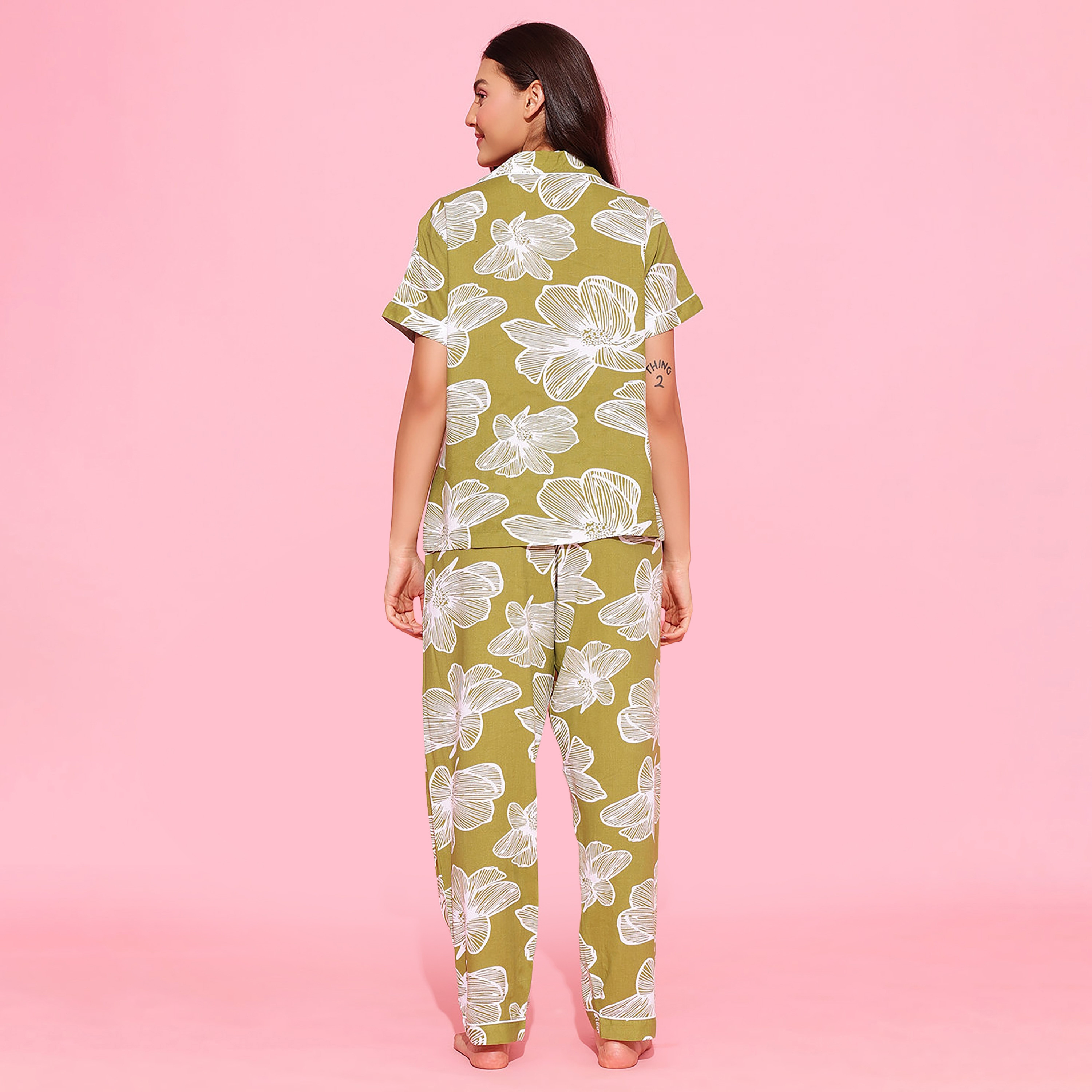 Clovia Floral Print Button-Down Women's Shirt & Pyjama Set in Light Green - Rayon-women-clothing-nightwear-pyjamas-longsets-image-4