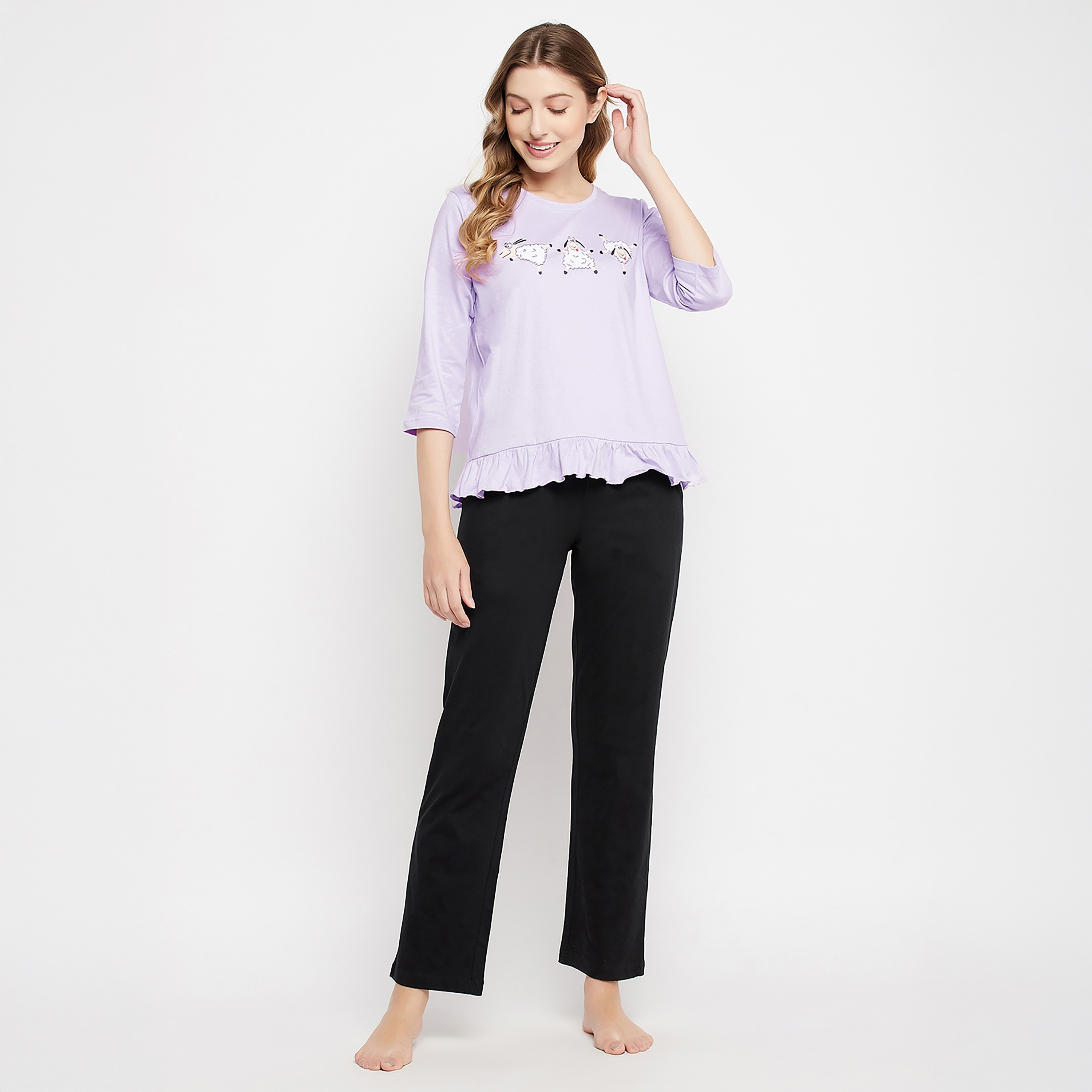 Clovia Sheep Printed Women's Top in Lilac & Chic Basic Pyjama in Black - 100% Cotton-women-clothing-nightwear-pyjamas-longsets-image-1
