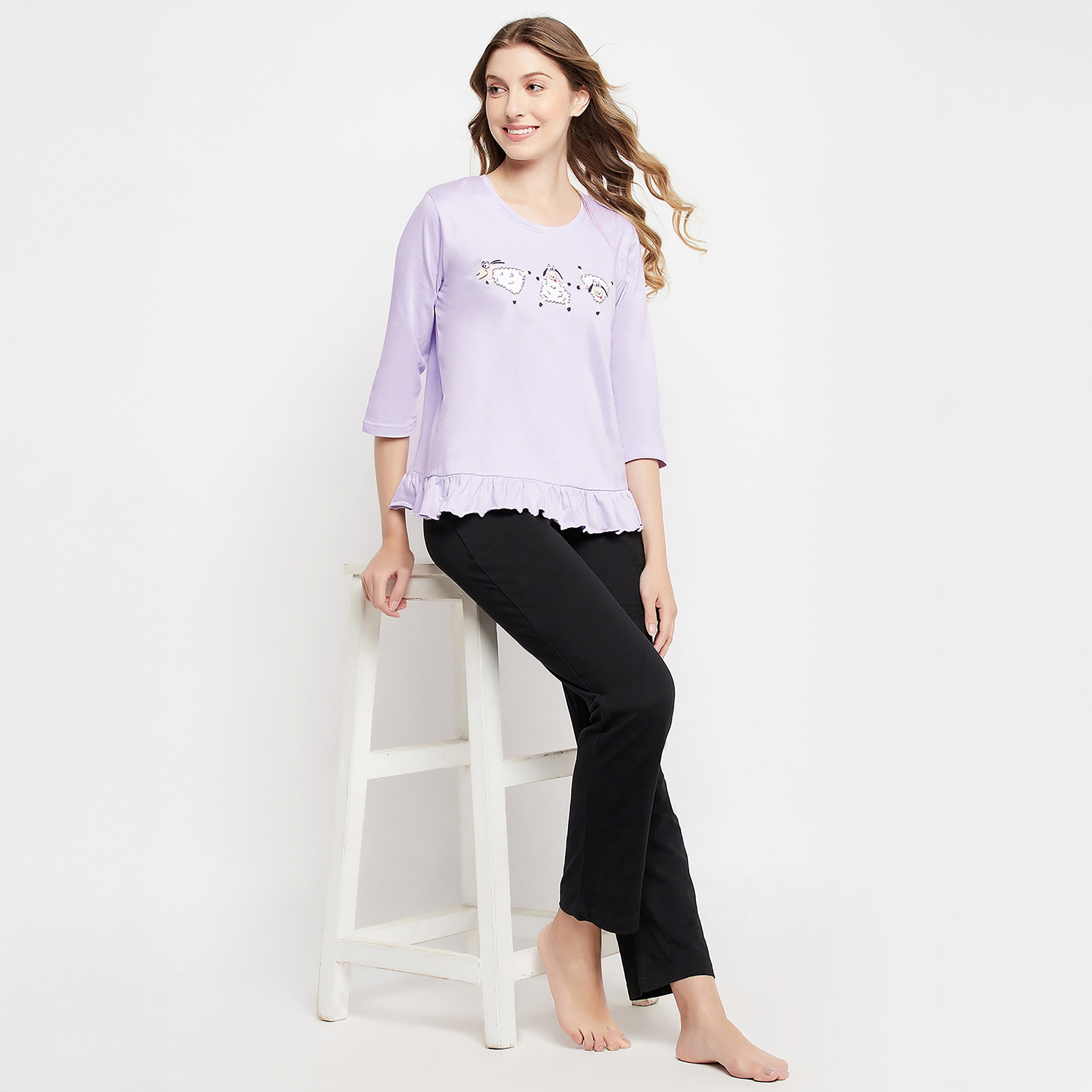 Clovia Sheep Printed Women's Top in Lilac & Chic Basic Pyjama in Black - 100% Cotton-women-clothing-nightwear-pyjamas-longsets-image-2