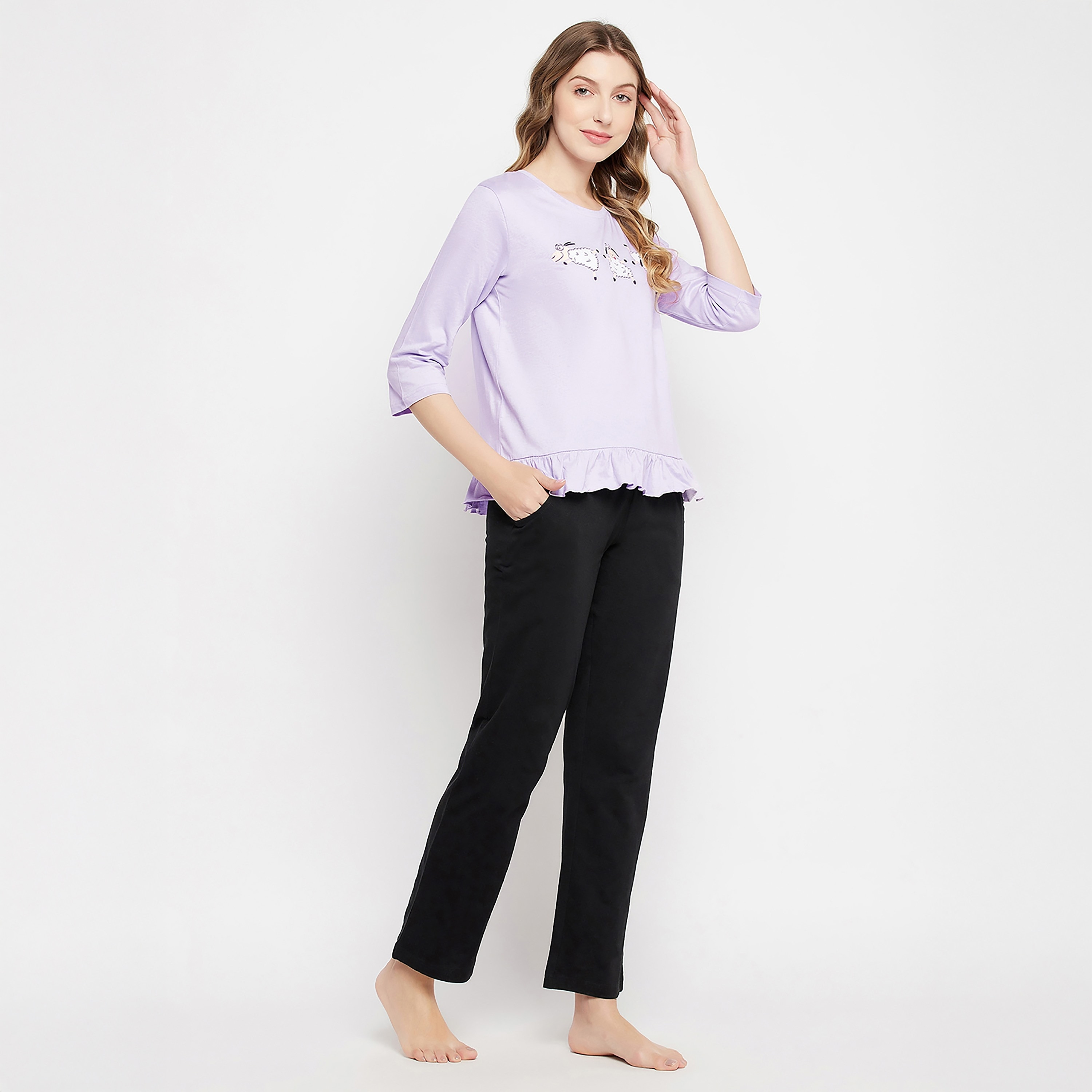 Clovia Sheep Printed Women's Top in Lilac & Chic Basic Pyjama in Black - 100% Cotton-women-clothing-nightwear-pyjamas-longsets-image-3