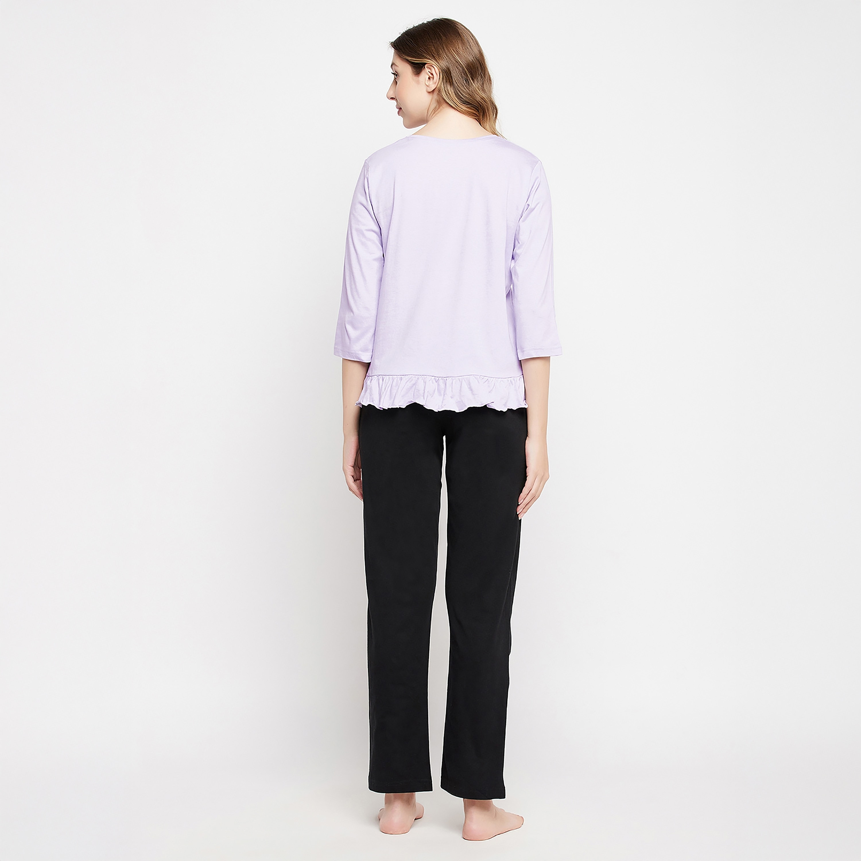 Clovia Sheep Printed Women's Top in Lilac & Chic Basic Pyjama in Black - 100% Cotton-women-clothing-nightwear-pyjamas-longsets-image-4