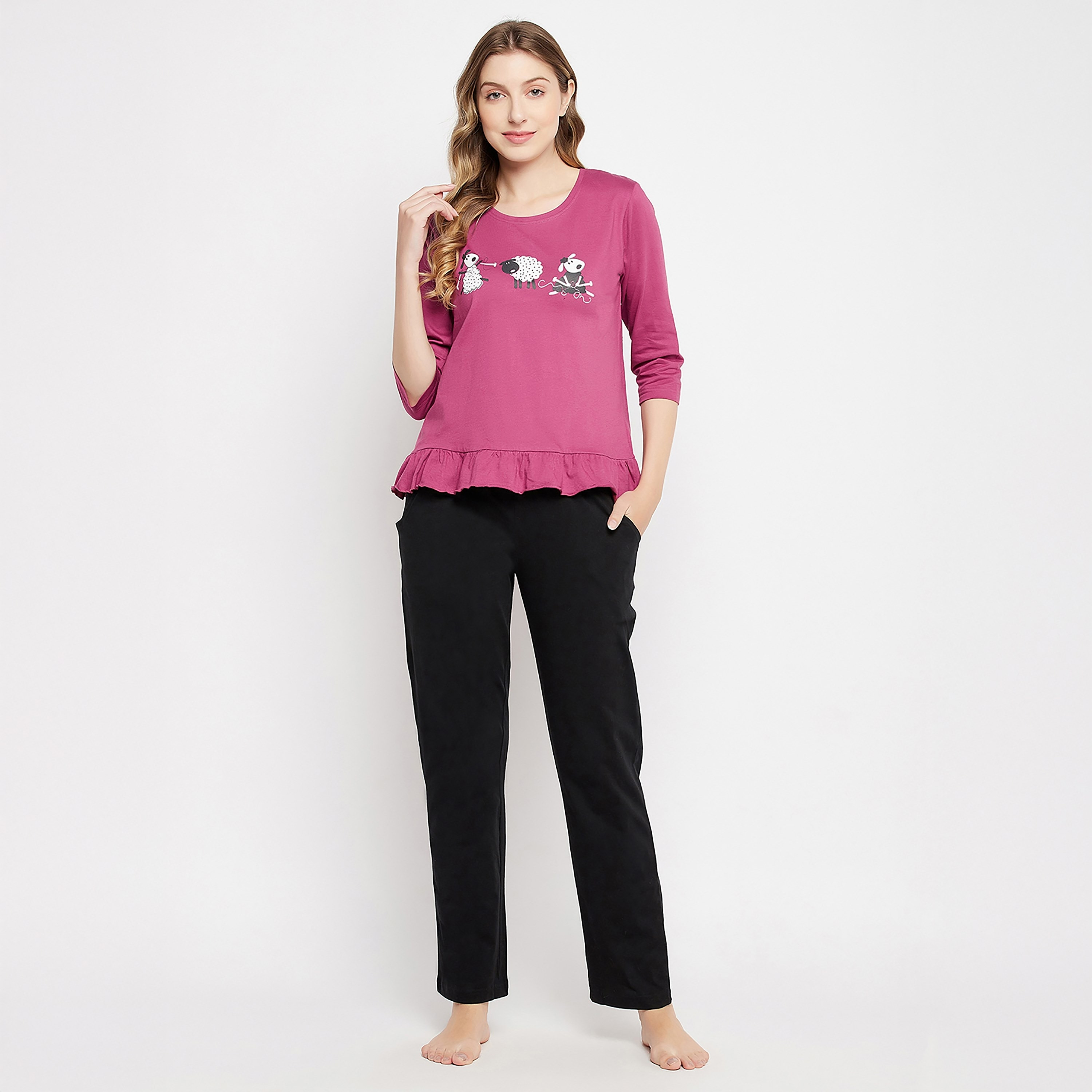 Clovia Graphic Printed Women's Top in Mauve & Chic Basic Pyjama in Black - 100% Cotton-women-clothing-nightwear-pyjamas-longsets-image-1