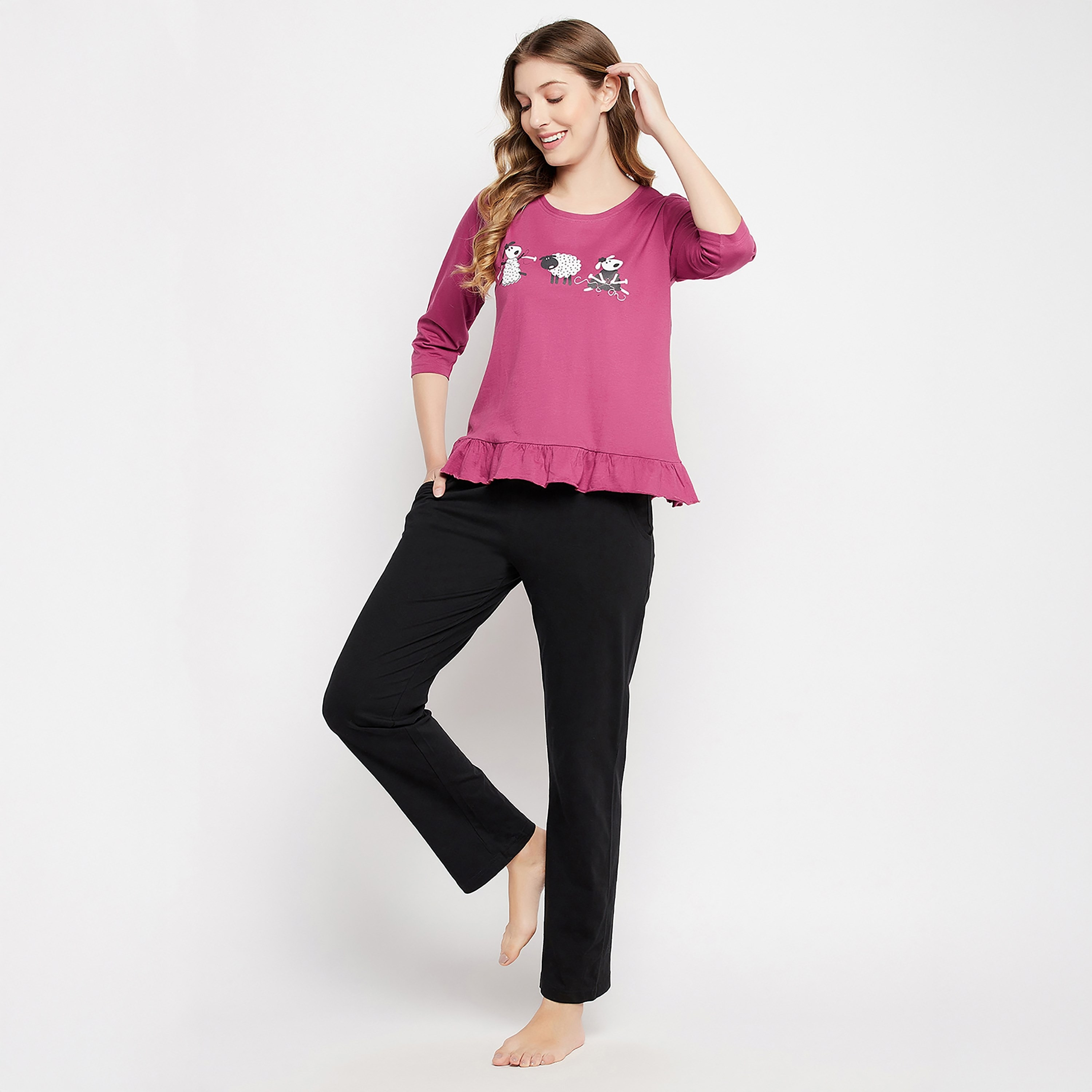 Clovia Graphic Printed Women's Top in Mauve & Chic Basic Pyjama in Black - 100% Cotton-women-clothing-nightwear-pyjamas-longsets-image-2