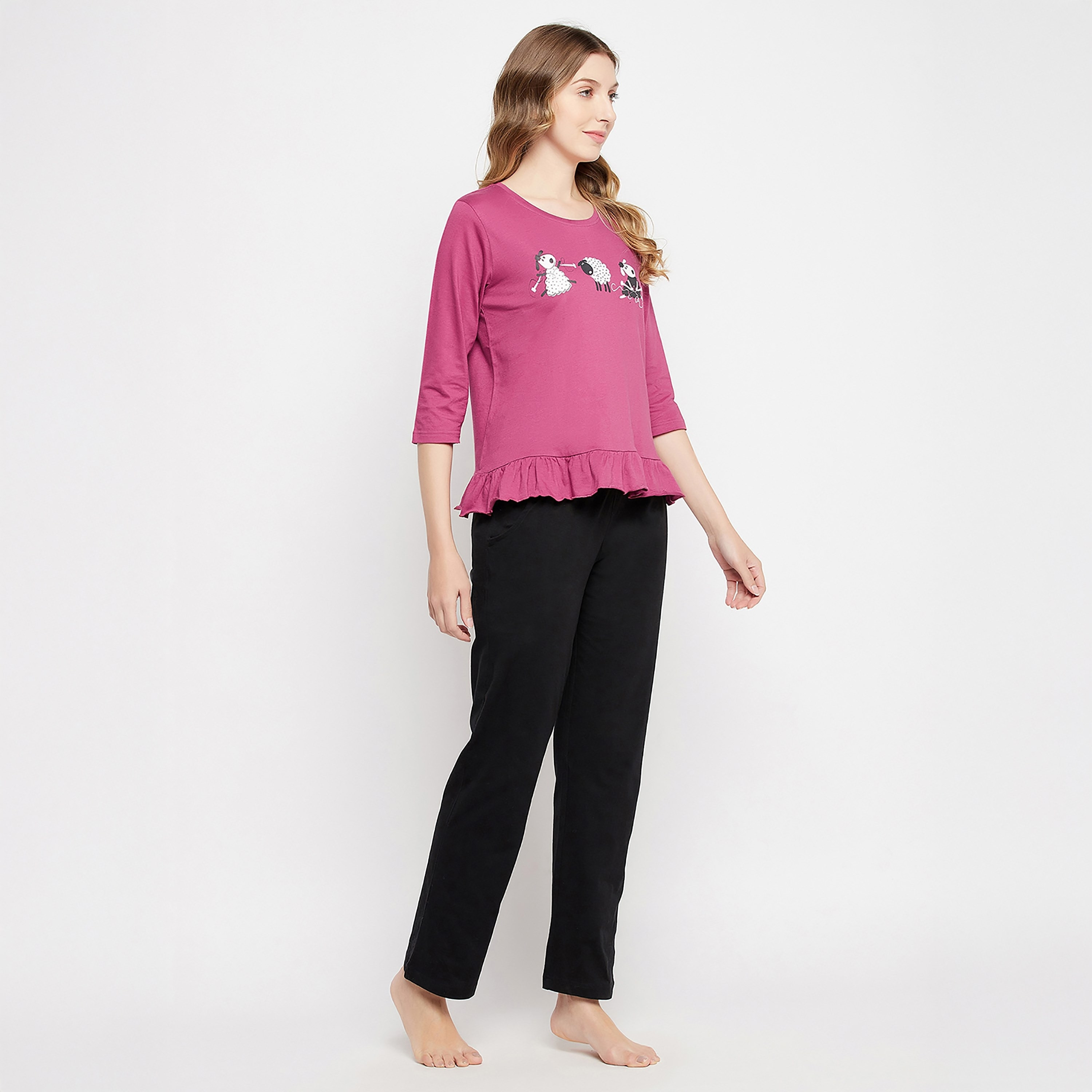 Clovia Graphic Printed Women's Top in Mauve & Chic Basic Pyjama in Black - 100% Cotton-women-clothing-nightwear-pyjamas-longsets-image-3
