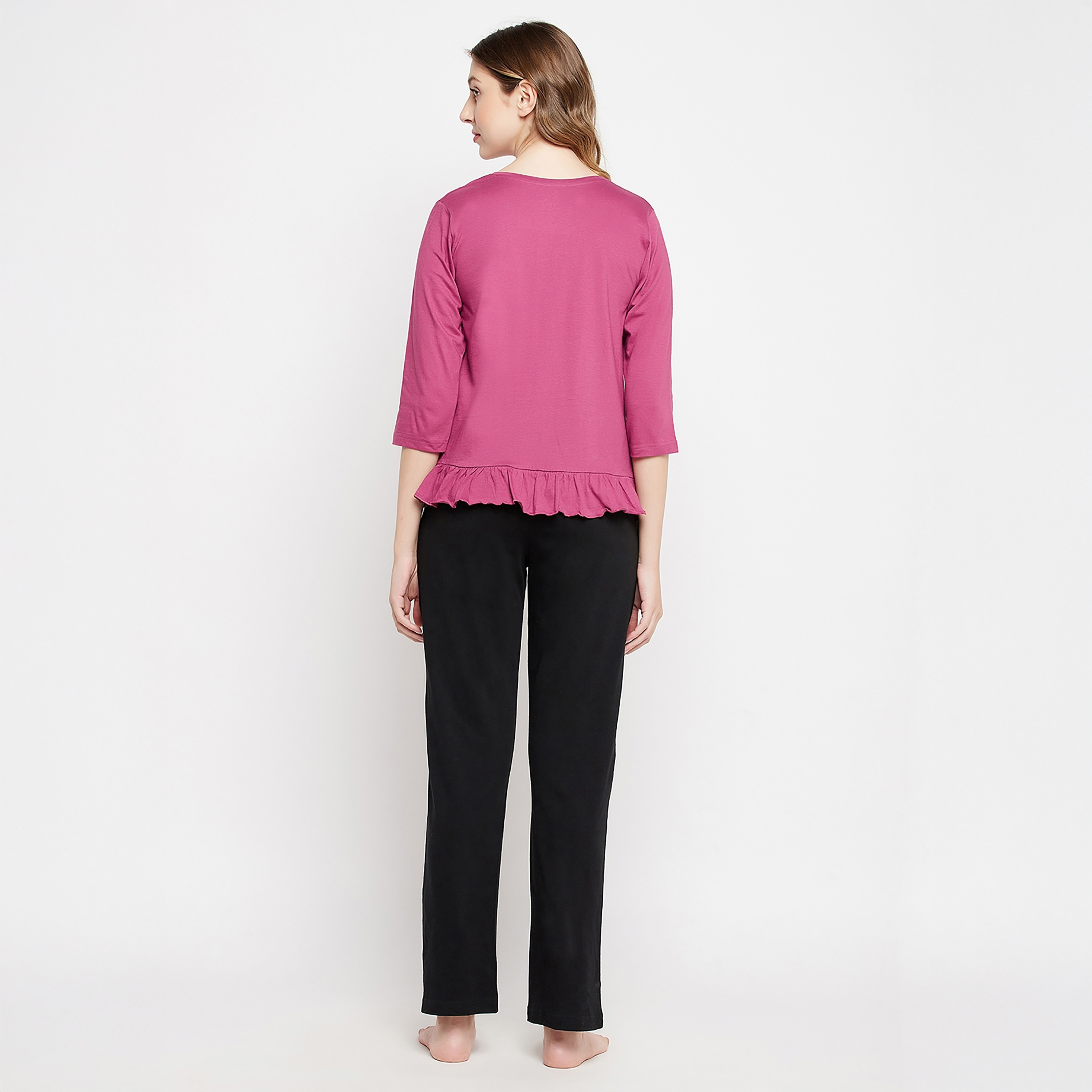 Clovia Graphic Printed Women's Top in Mauve & Chic Basic Pyjama in Black - 100% Cotton-women-clothing-nightwear-pyjamas-longsets-image-4