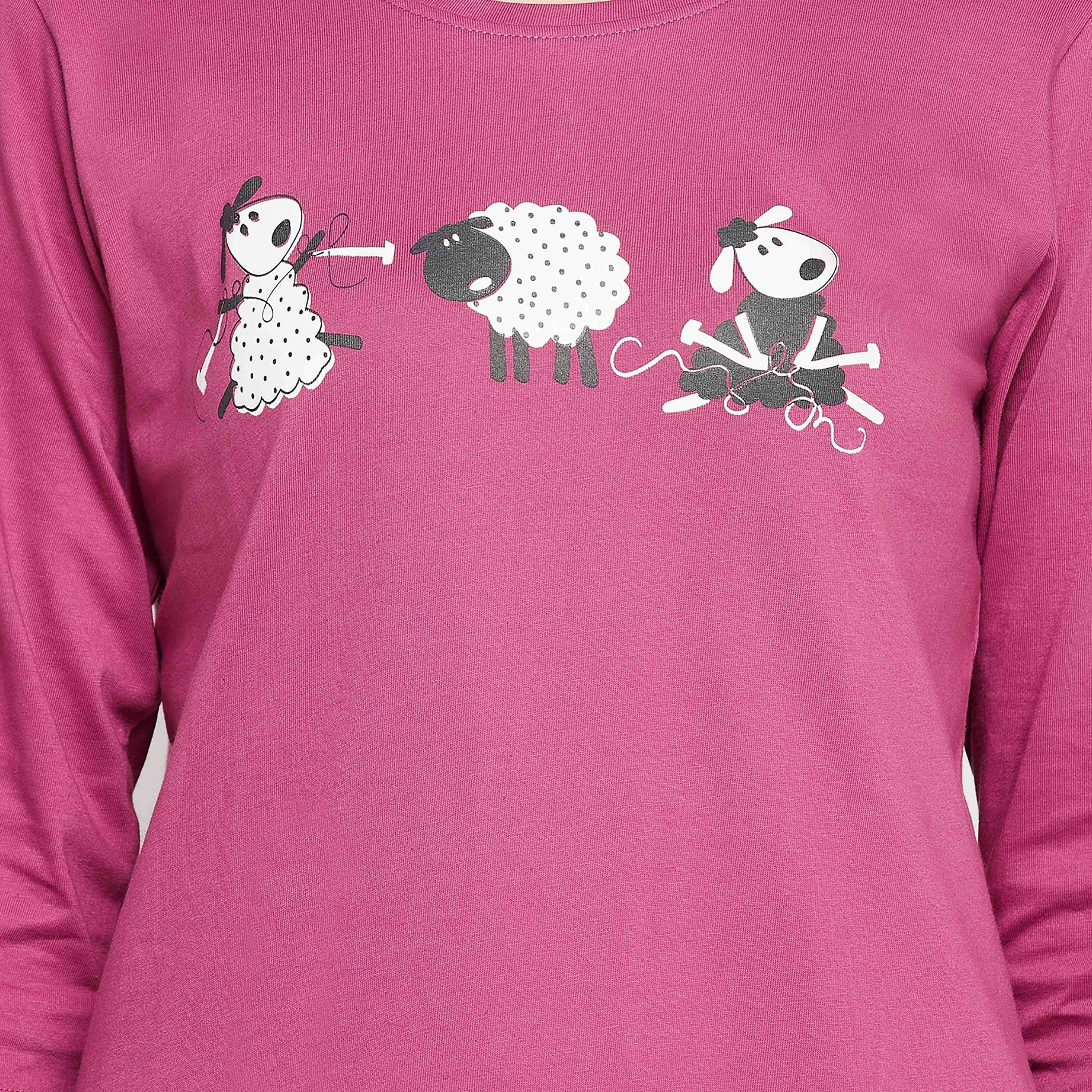 Clovia Graphic Printed Women's Top in Mauve & Chic Basic Pyjama in Black - 100% Cotton-women-clothing-nightwear-pyjamas-longsets-image-6