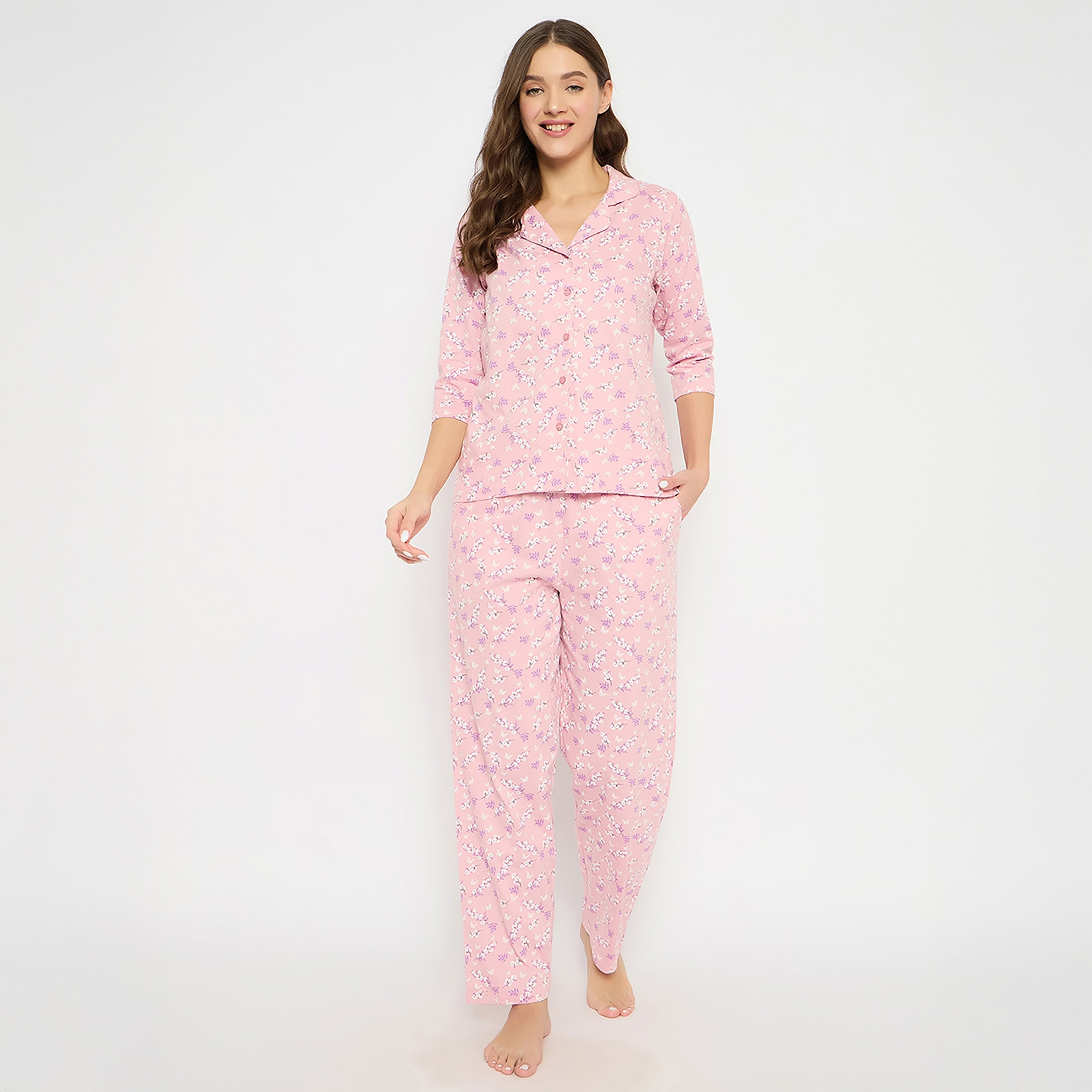Clovia Floral Printed Button Down Women's Shirt & Pyjama Set in Baby Pink - 100% Cotton-women-clothing-nightwear-pyjamas-longsets-image-1