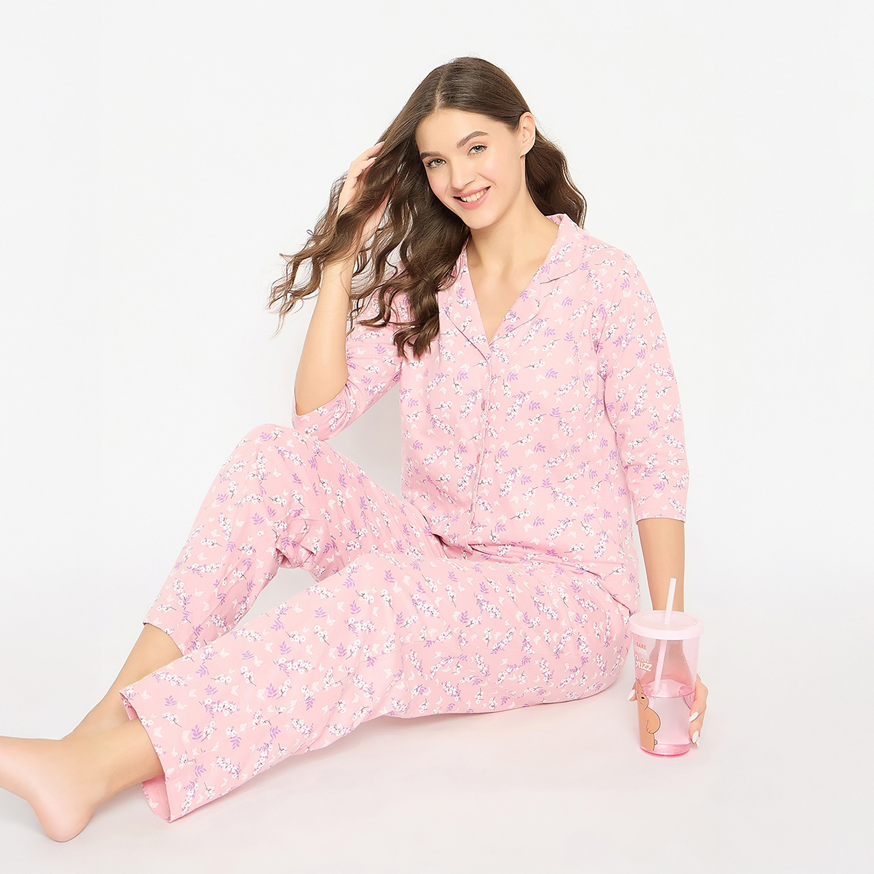 Clovia Floral Printed Button Down Women's Shirt & Pyjama Set in Baby Pink - 100% Cotton-women-clothing-nightwear-pyjamas-longsets-image-2