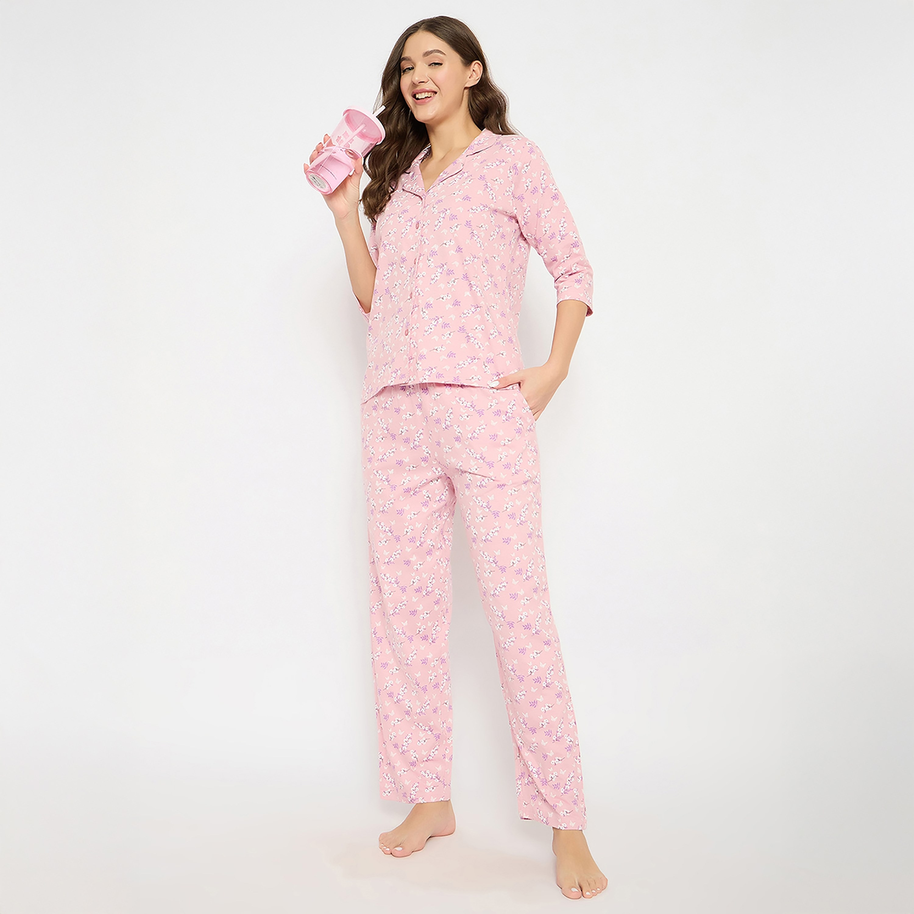 Clovia Floral Printed Button Down Women's Shirt & Pyjama Set in Baby Pink - 100% Cotton-women-clothing-nightwear-pyjamas-longsets-image-3