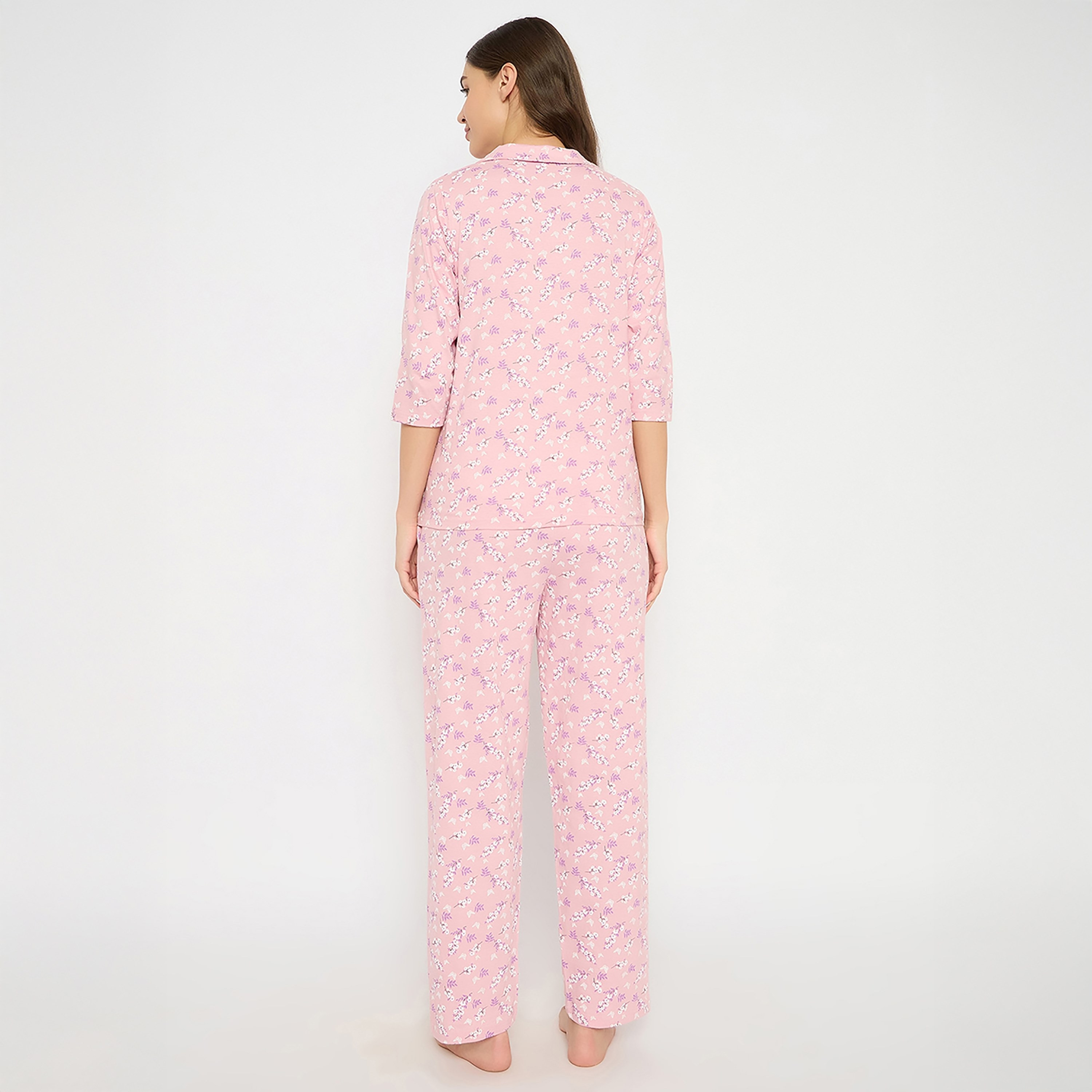 Clovia Floral Printed Button Down Women's Shirt & Pyjama Set in Baby Pink - 100% Cotton-women-clothing-nightwear-pyjamas-longsets-image-4