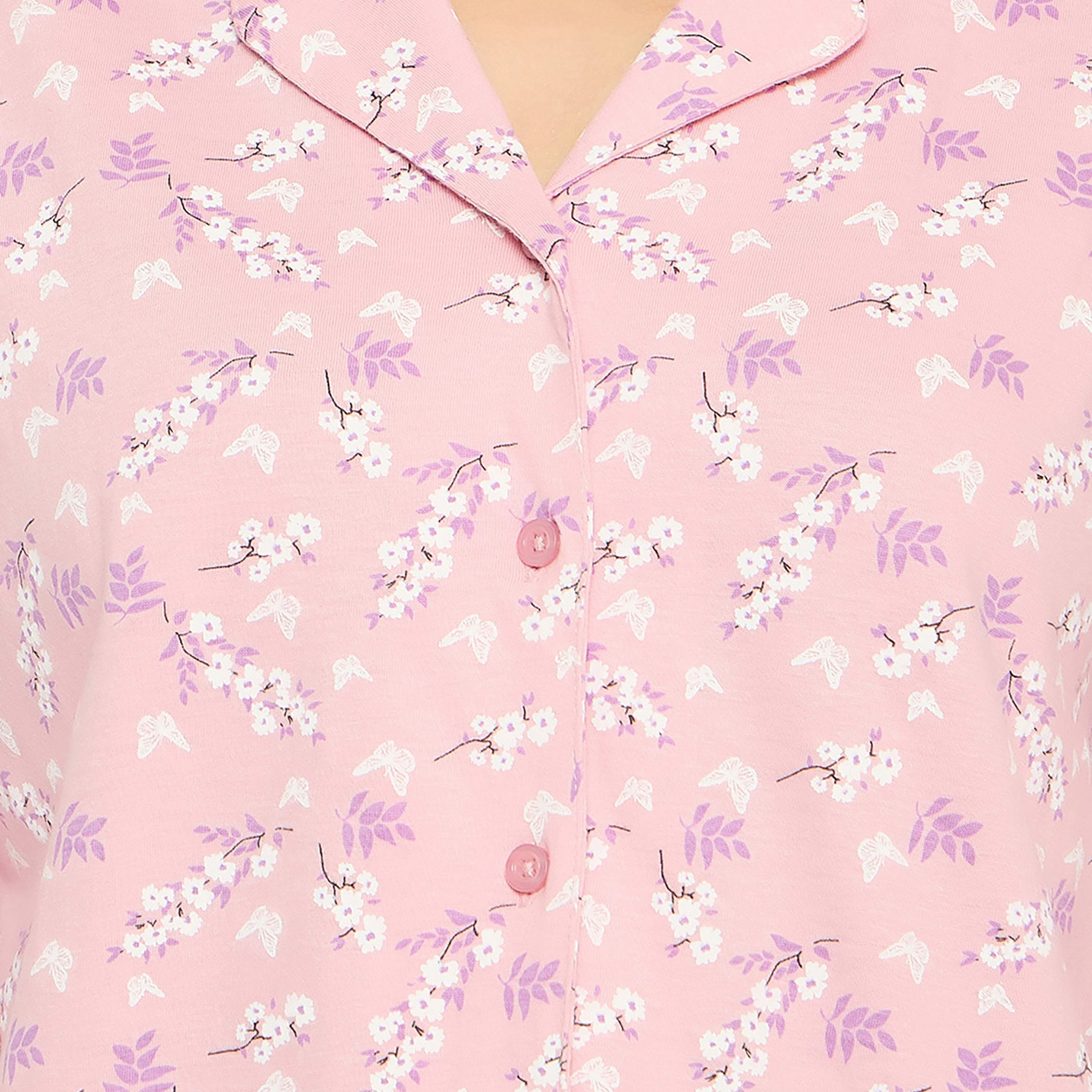 Clovia Floral Printed Button Down Women's Shirt & Pyjama Set in Baby Pink - 100% Cotton-women-clothing-nightwear-pyjamas-longsets-image-6