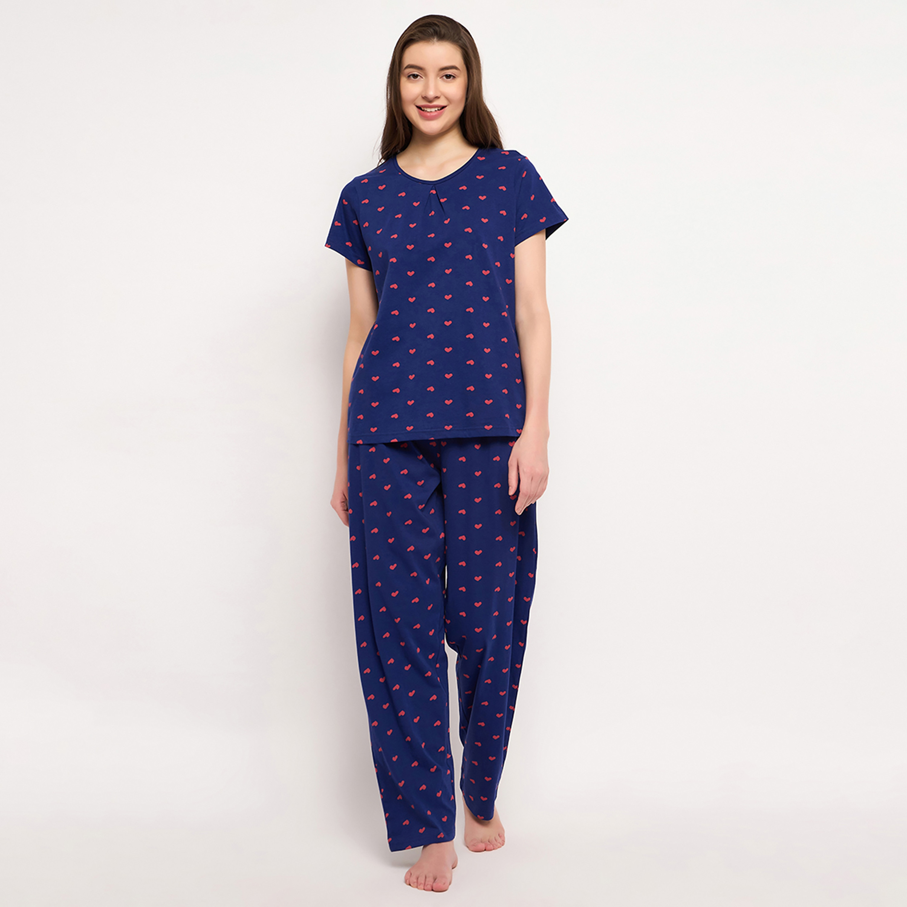 طقم بيجاما وبلوزة النسائي بطبعة قلب باللون الأزرق الداكن من كلوفيا - قطن ١٠٠٪-women-clothing-nightwear-pyjamas-longsets-image-1