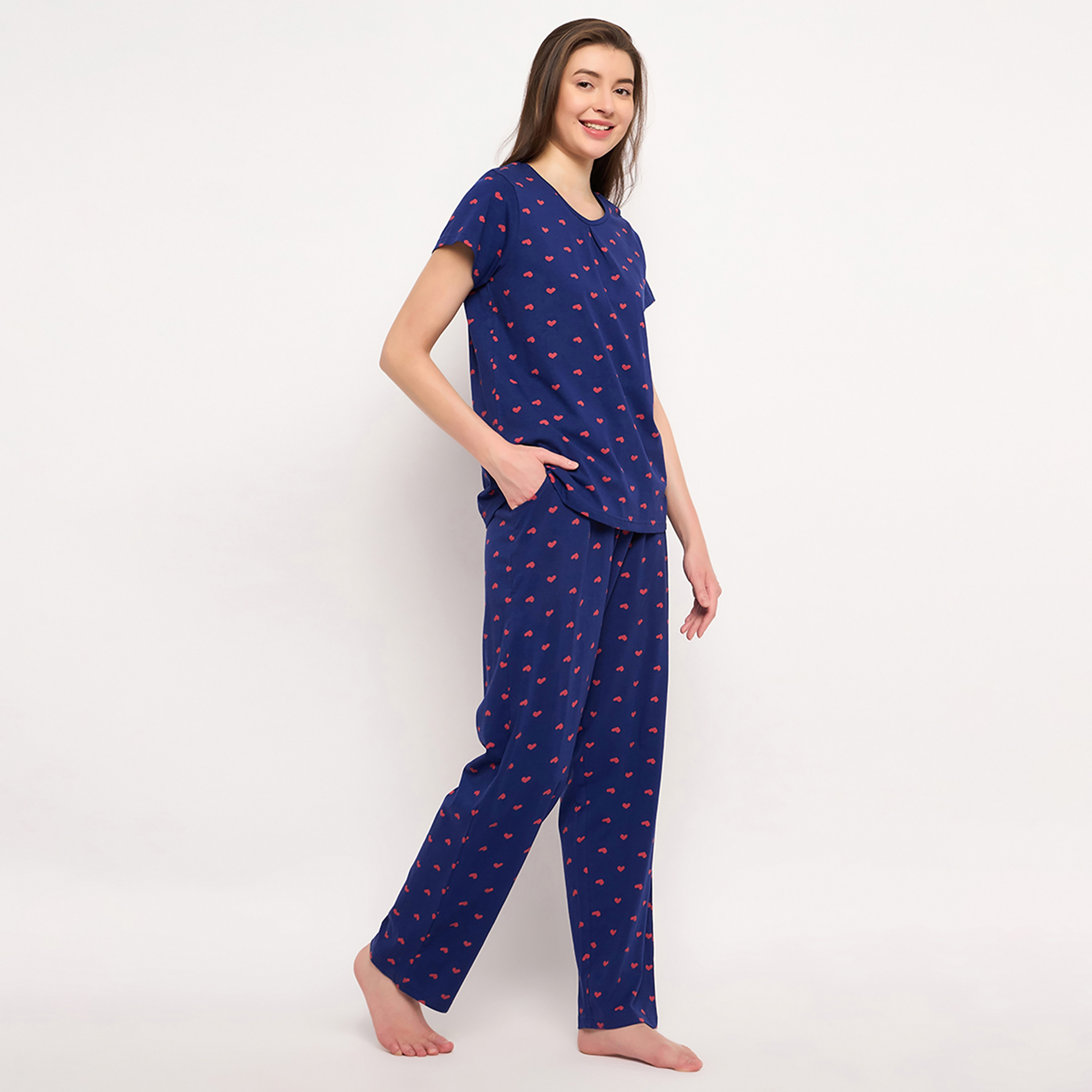 طقم بيجاما وبلوزة النسائي بطبعة قلب باللون الأزرق الداكن من كلوفيا - قطن ١٠٠٪-women-clothing-nightwear-pyjamas-longsets-image-2