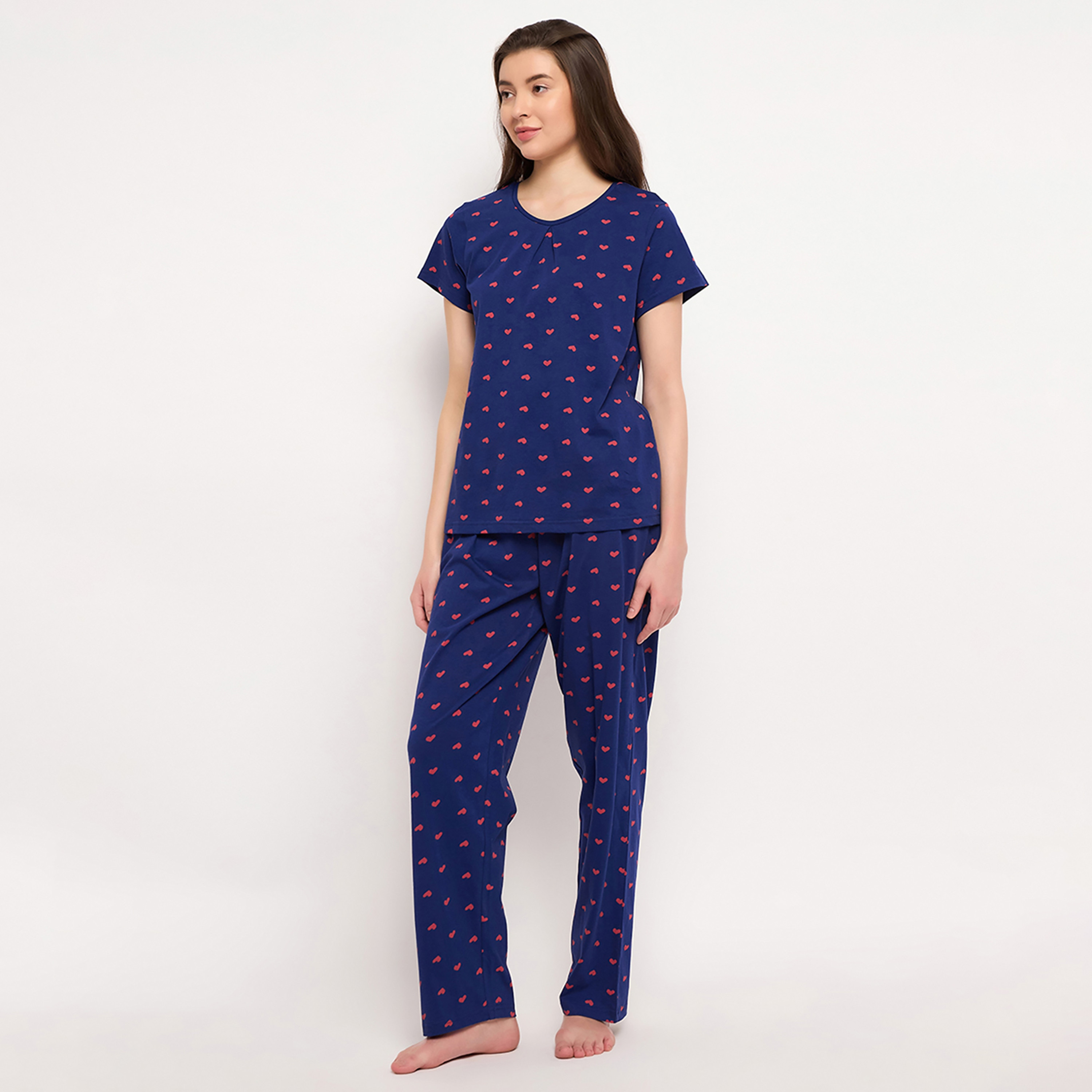 طقم بيجاما وبلوزة النسائي بطبعة قلب باللون الأزرق الداكن من كلوفيا - قطن ١٠٠٪-women-clothing-nightwear-pyjamas-longsets-image-3