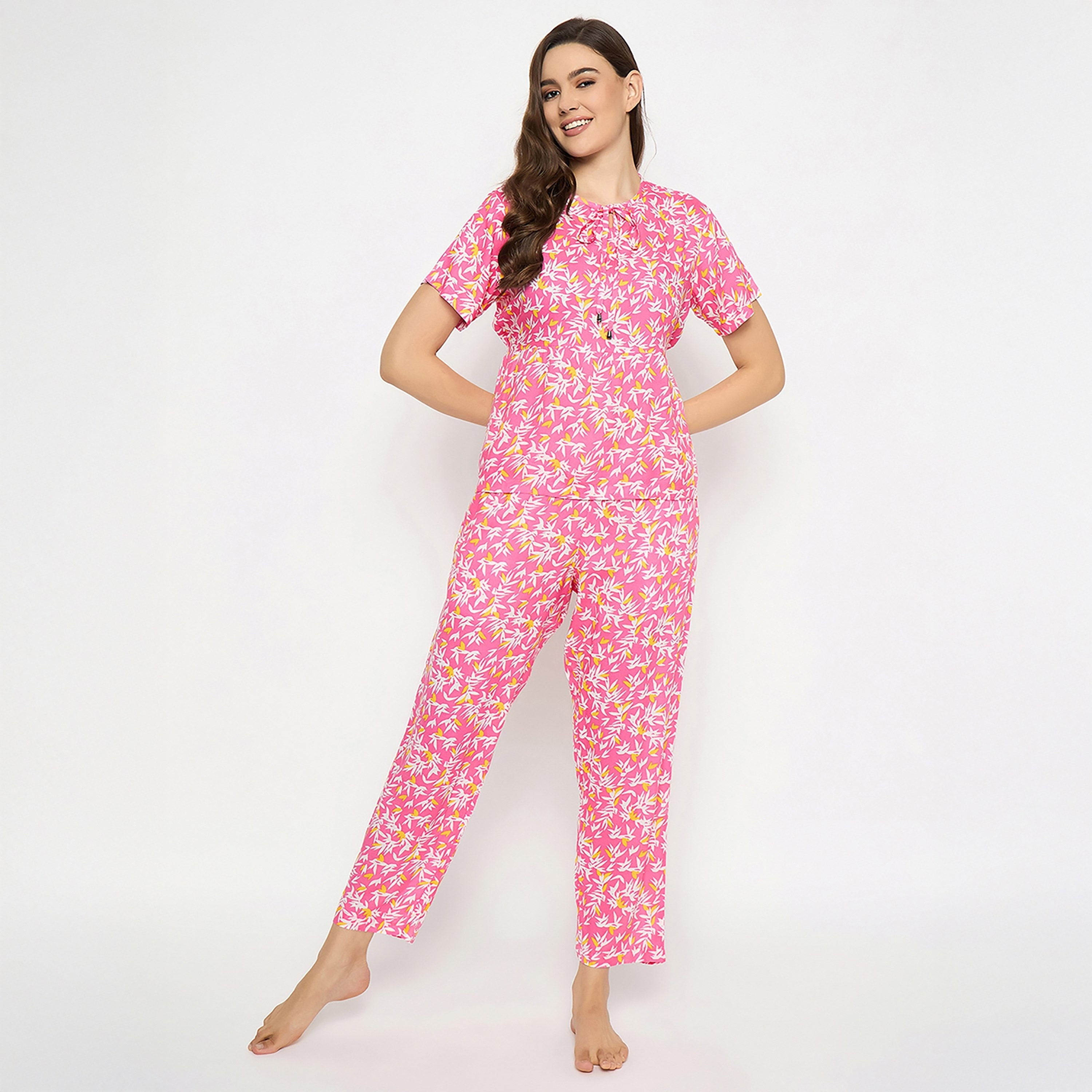 Clovia Floral Printed Women's Top & Pyjama Set in Light Pink - Rayon-women-clothing-nightwear-pyjamas-longsets-image-1