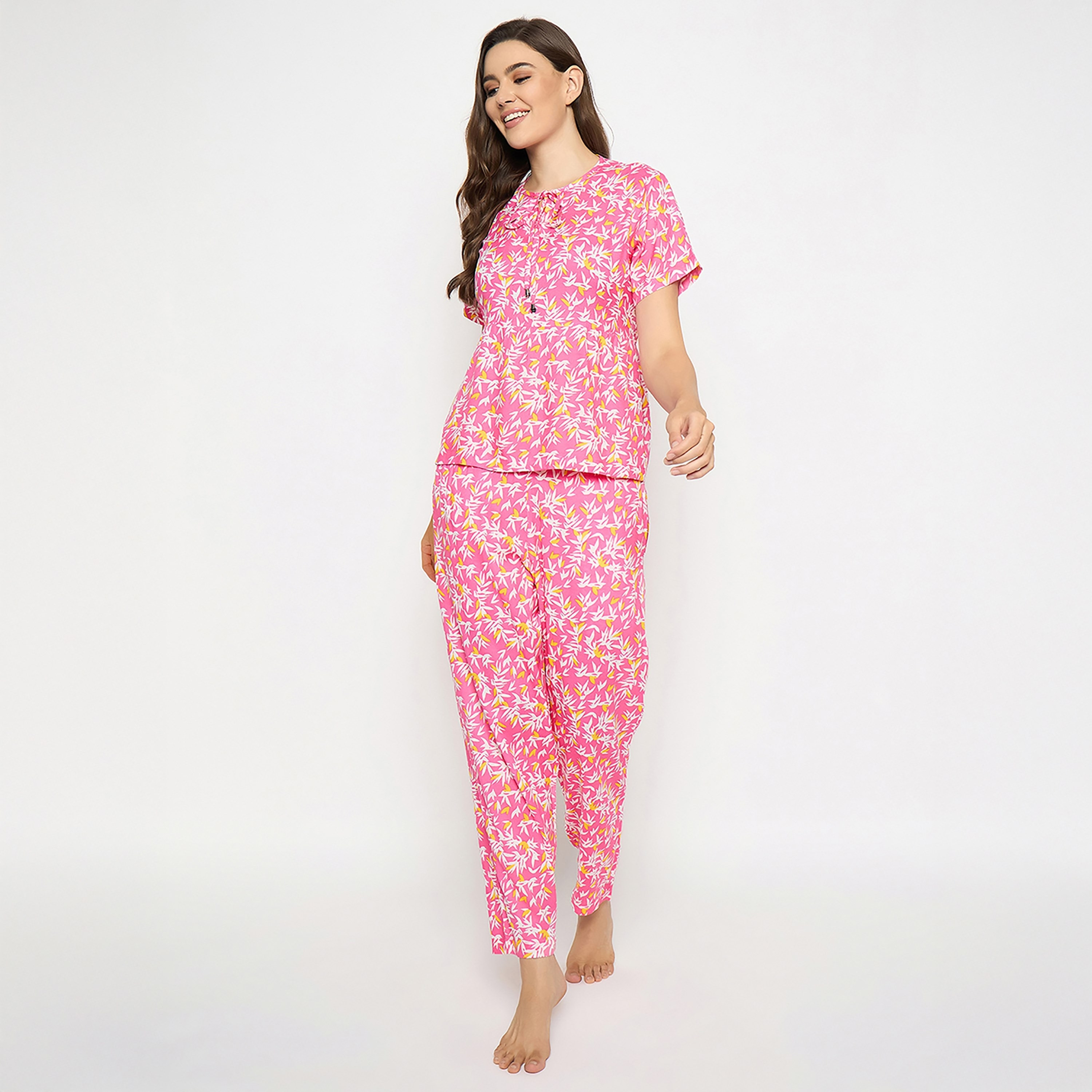 Clovia Floral Printed Women's Top & Pyjama Set in Light Pink - Rayon-women-clothing-nightwear-pyjamas-longsets-image-2