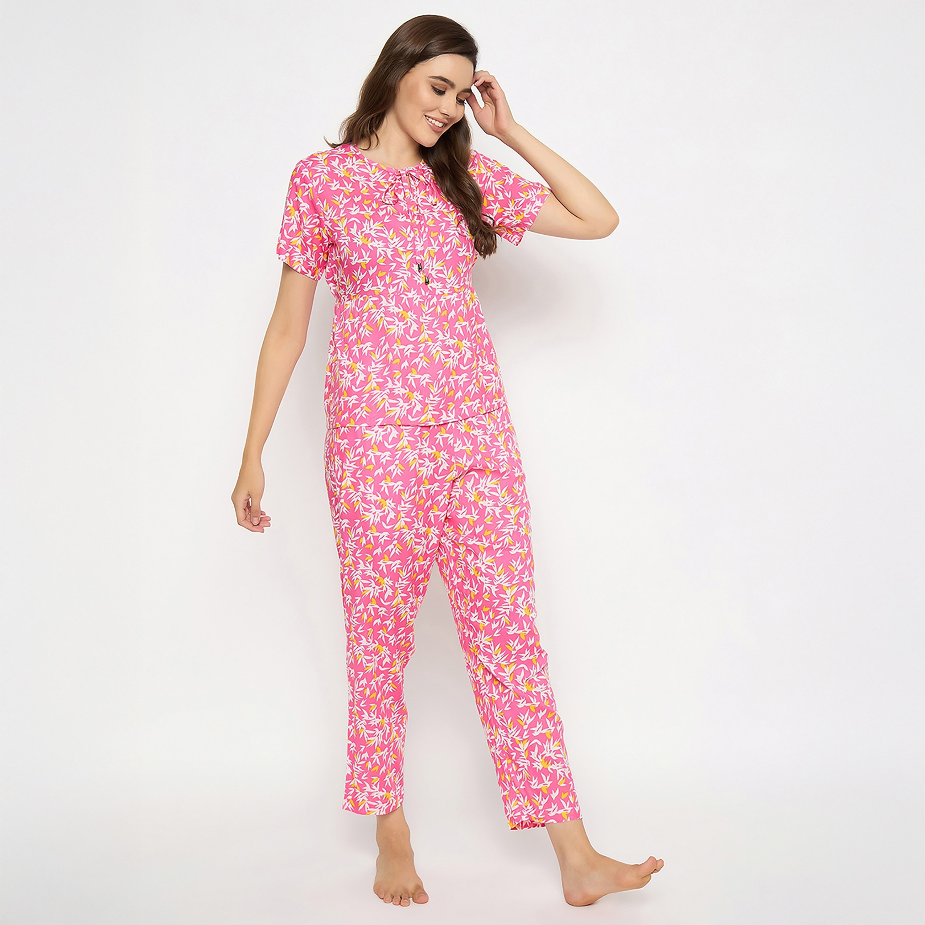 Clovia Floral Printed Women's Top & Pyjama Set in Light Pink - Rayon-women-clothing-nightwear-pyjamas-longsets-image-3